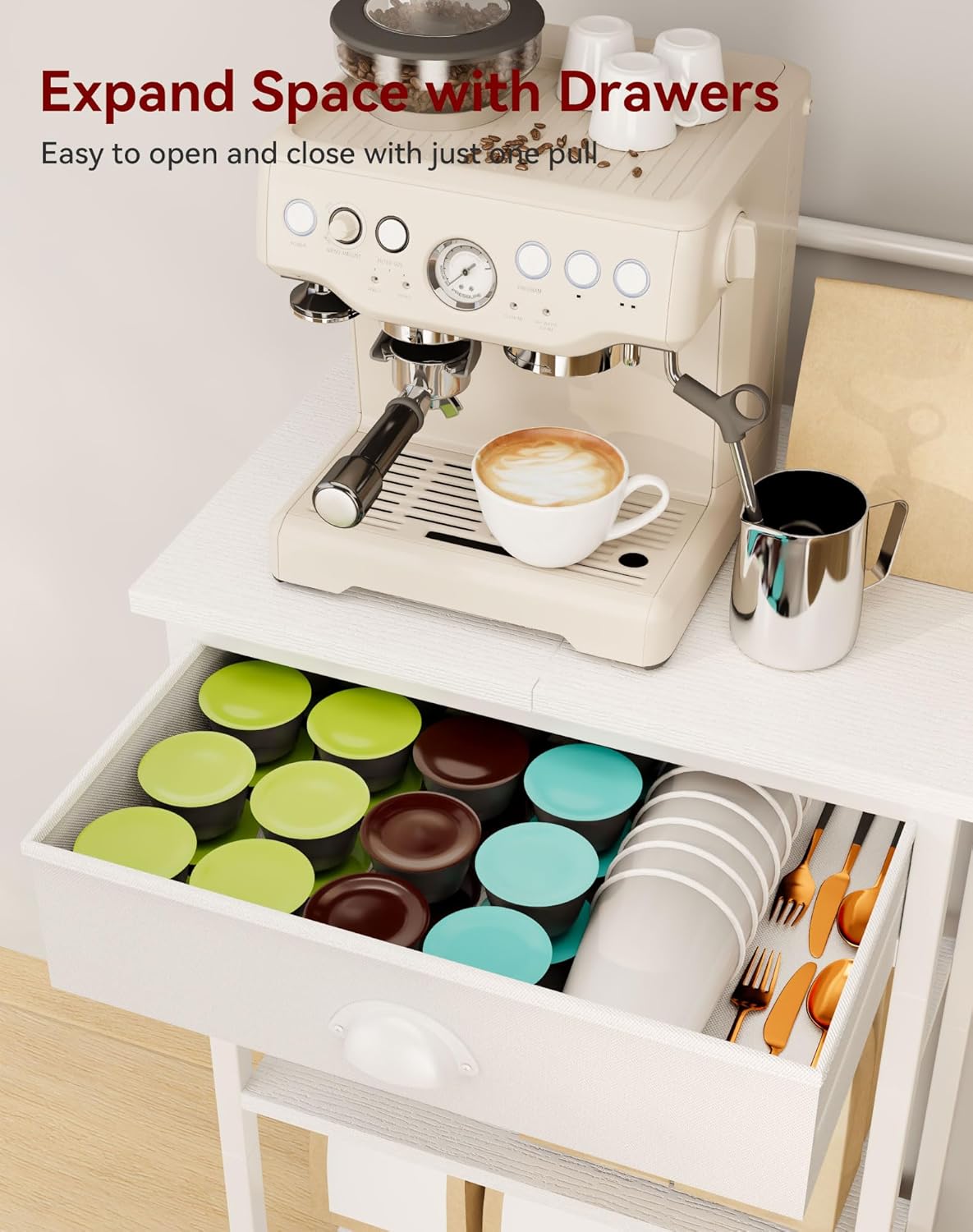 YMYNY 5 Tier Coffee Bar Station, Coffee Stand with Fabric Drawers, 8 S-Shaped Hooks, Corner Bar Cabinet, Height Adjustable, Bakers Rack for Kitchen, Living Room, White HBR009W