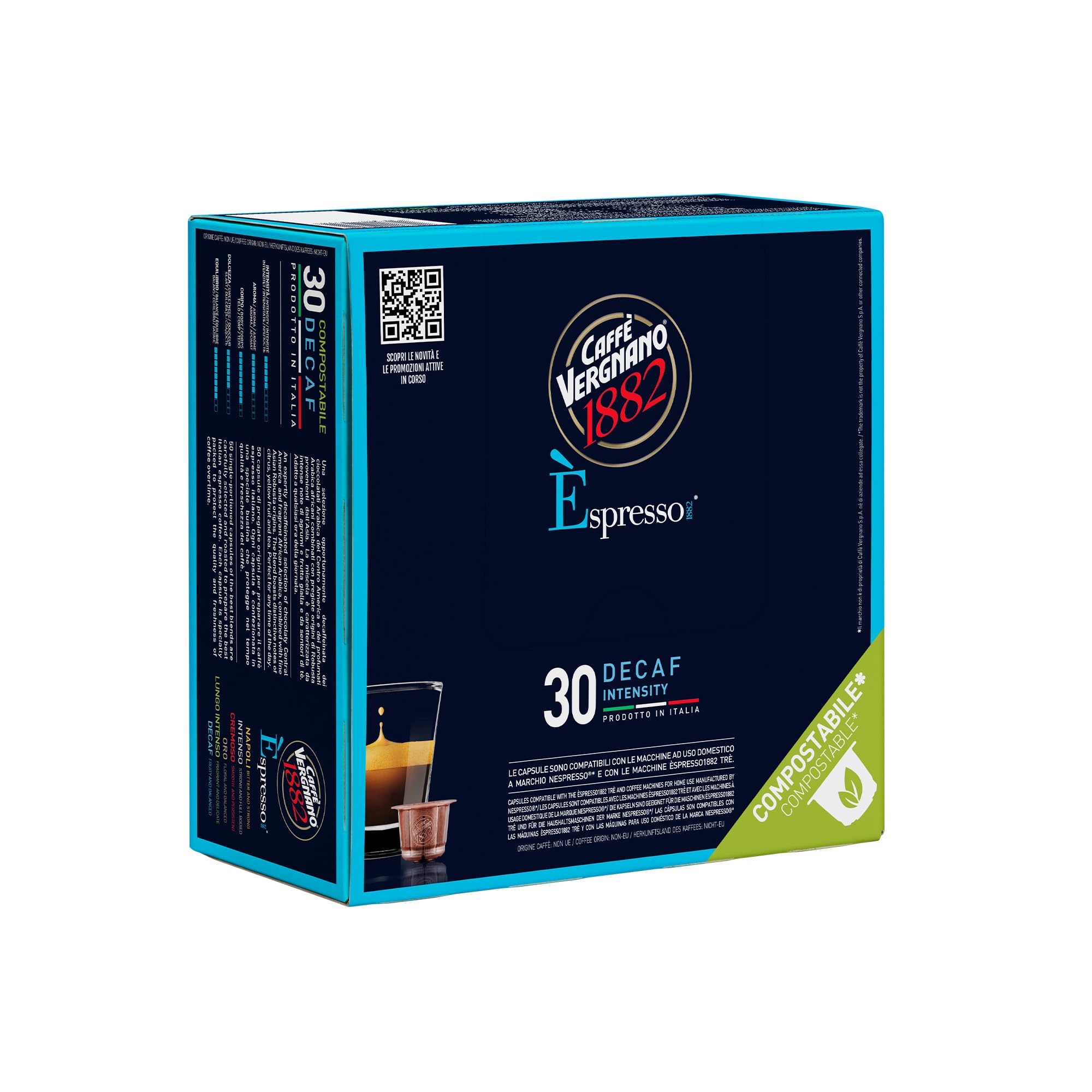 Caffè Vergnano 1882 - 240 Capsule - Caffè Compostabili e Compatibili con Nespresso, Decaffeinato - 8 confezioni da 30 capsule