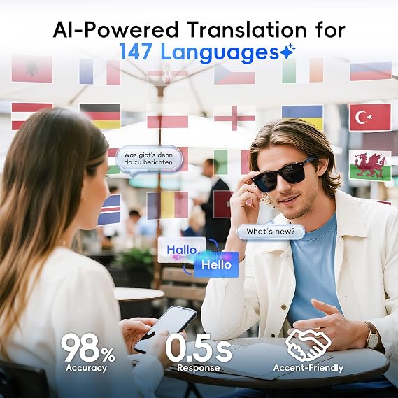 AI Glasses, Smart Glasses Powered by ChatGPT, Real-Time AI Translation | Polarized lens, AI translation in 145 languages, Handsfree calls, Immersive audio, Holds AI conversations, 11H Playtime