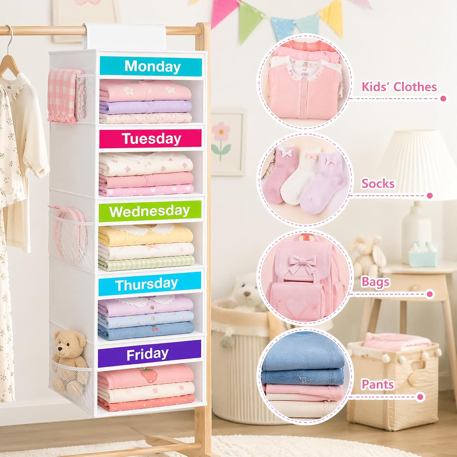 2 Pack 5-Shelf Weekly Hanging Closet Organizer for Kids Room Clothes Storage, Spacious Hanging Shelves with 6 Side Pockets, Days of The Week Clothes Organization System with Labels for School Outfits