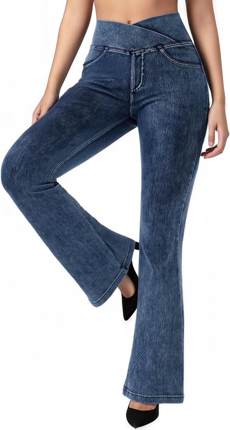 BRXL Stretchy Jeans for Women Flare Jeggings Leggings with Pockets Bell Bottom Crossover Pants Bootcut