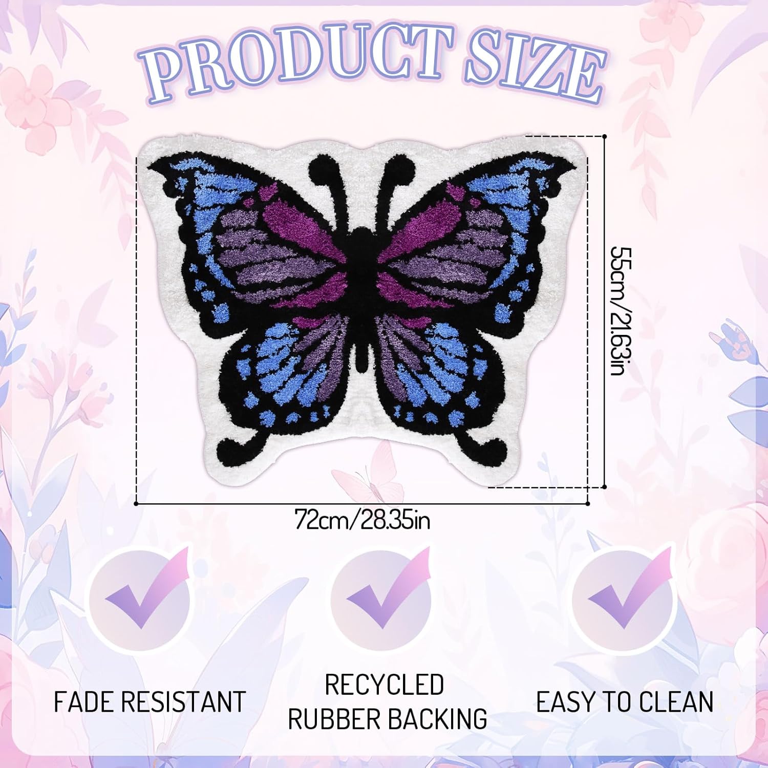 Whaline Butterfly Bath Rug Purple Blue Tufted Bath Mat Non Slip Shower Washable Absorbent Rugs Front Door Mat Carpet Floor Throw Rug for Indoor Outdoor Home Kitchen Bedroom Bathroom Dormitory