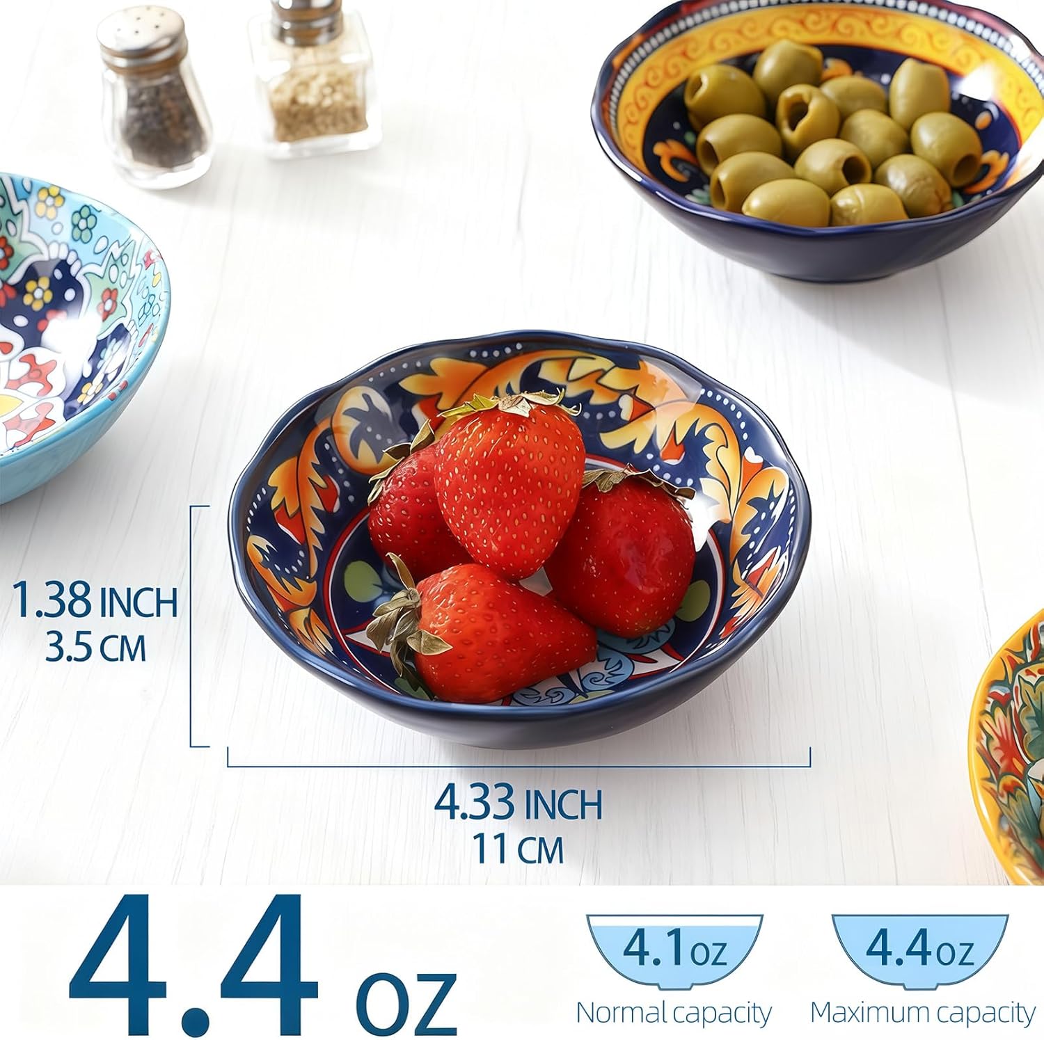 6Piece Bohemian Style Ceramic Bowls 4Inch Dipping Bowls 4.4 oz Suitable for side dishes, condiments, soy sauce, ketchup appetizers and snacks Safe for microwave and oven use