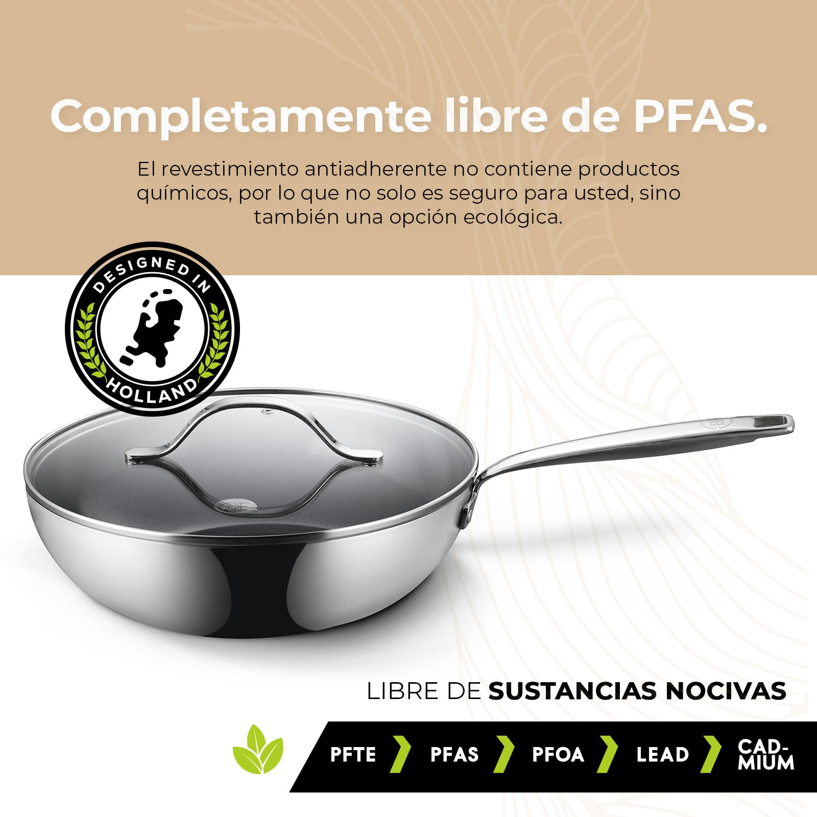 Be Living Sartén wok de acero inoxidable – Ø 28 cm – cerámica – inducción – sin PFAS, antiadherente – sartén con tapa – serie Essential
