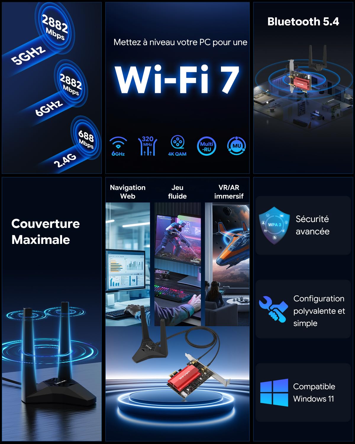 WAVLINK Carte WiFi 7 pour PC avec Rallonge d'antenne,Bluetooth 5.4,BE6500
