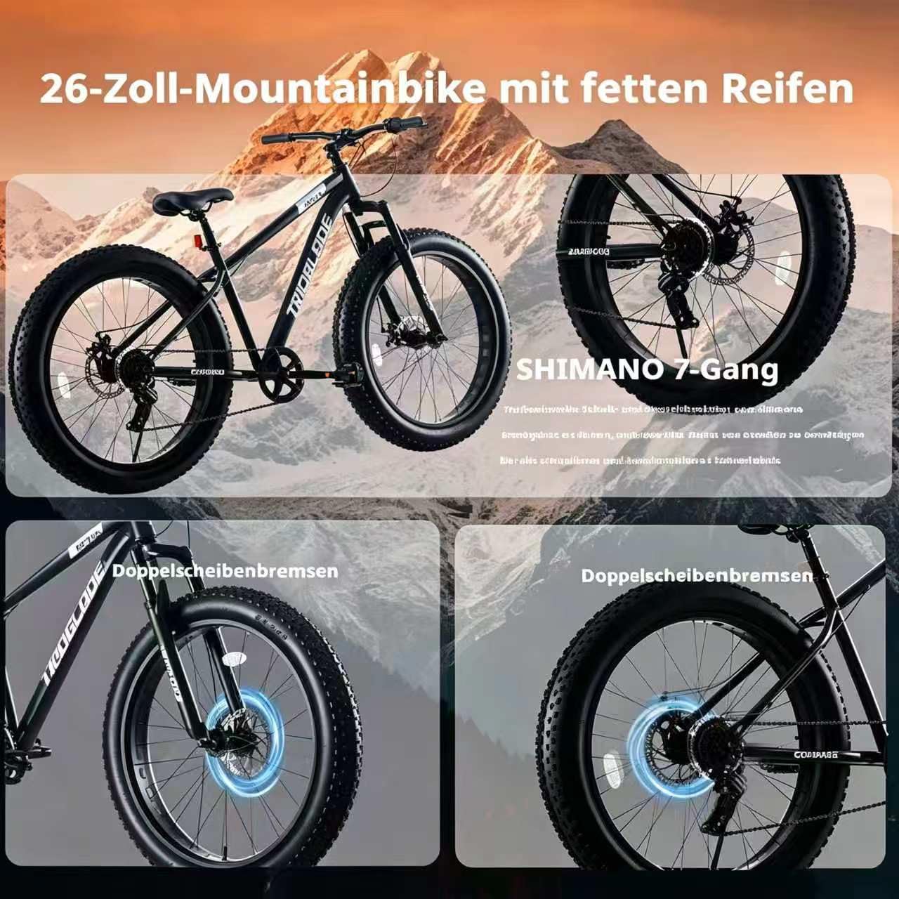LSLIFE 26" Fat Tire Mountainbike für Erwachsene 7 Geschwindigkeit Snow Bike All-Terrain Voll Federung Mountainbike mit Doppelscheibenbremse 17 Zoll Rahmen Fahrrad für Männer Frauen