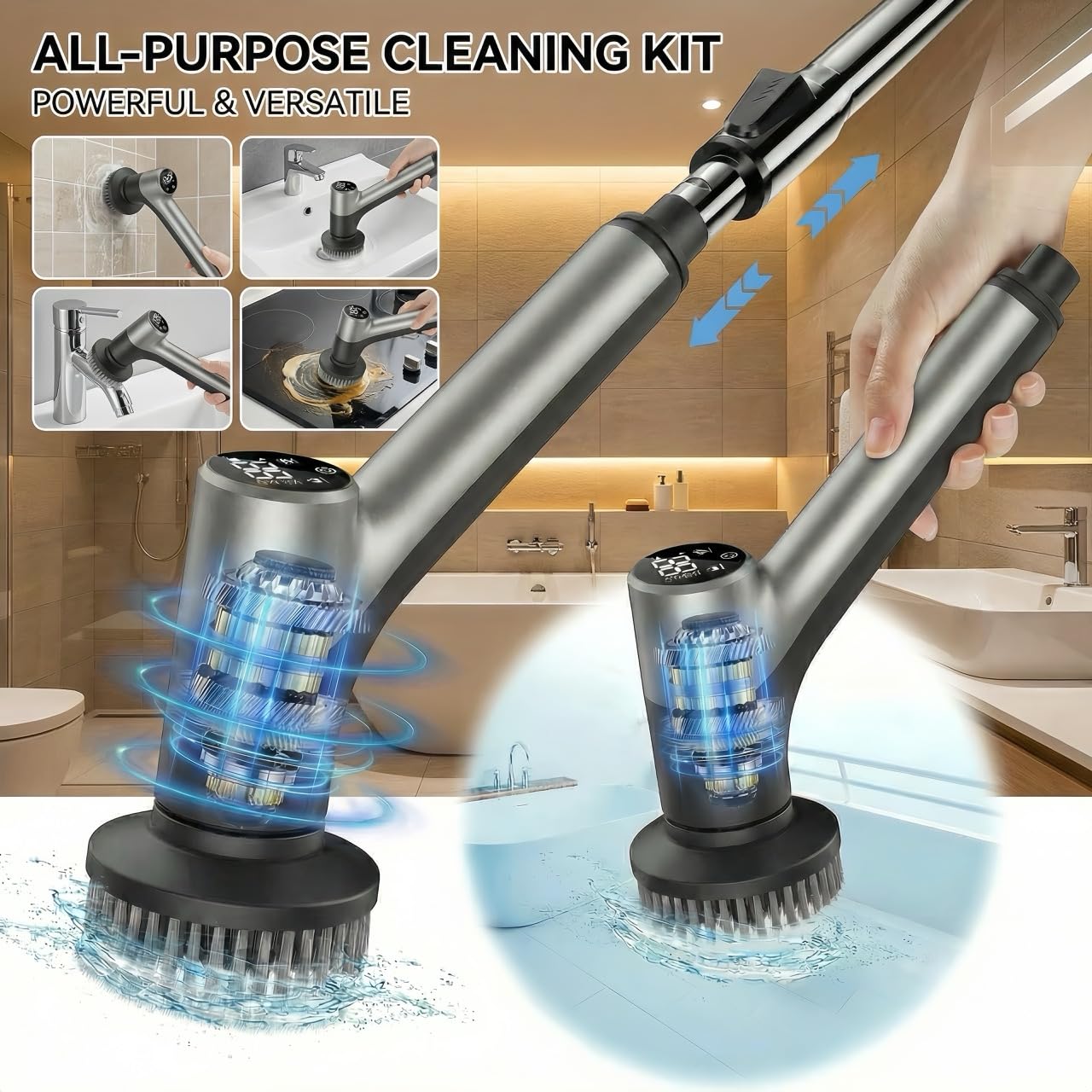 Scrubber elettrico da bagno, dispenser automatico di sapone senza fili e testina anti-rotante, impermeabile IPX7, 5 testine sostituibili, lunga durata della batteria per cucina/bagno/auto/pavimento