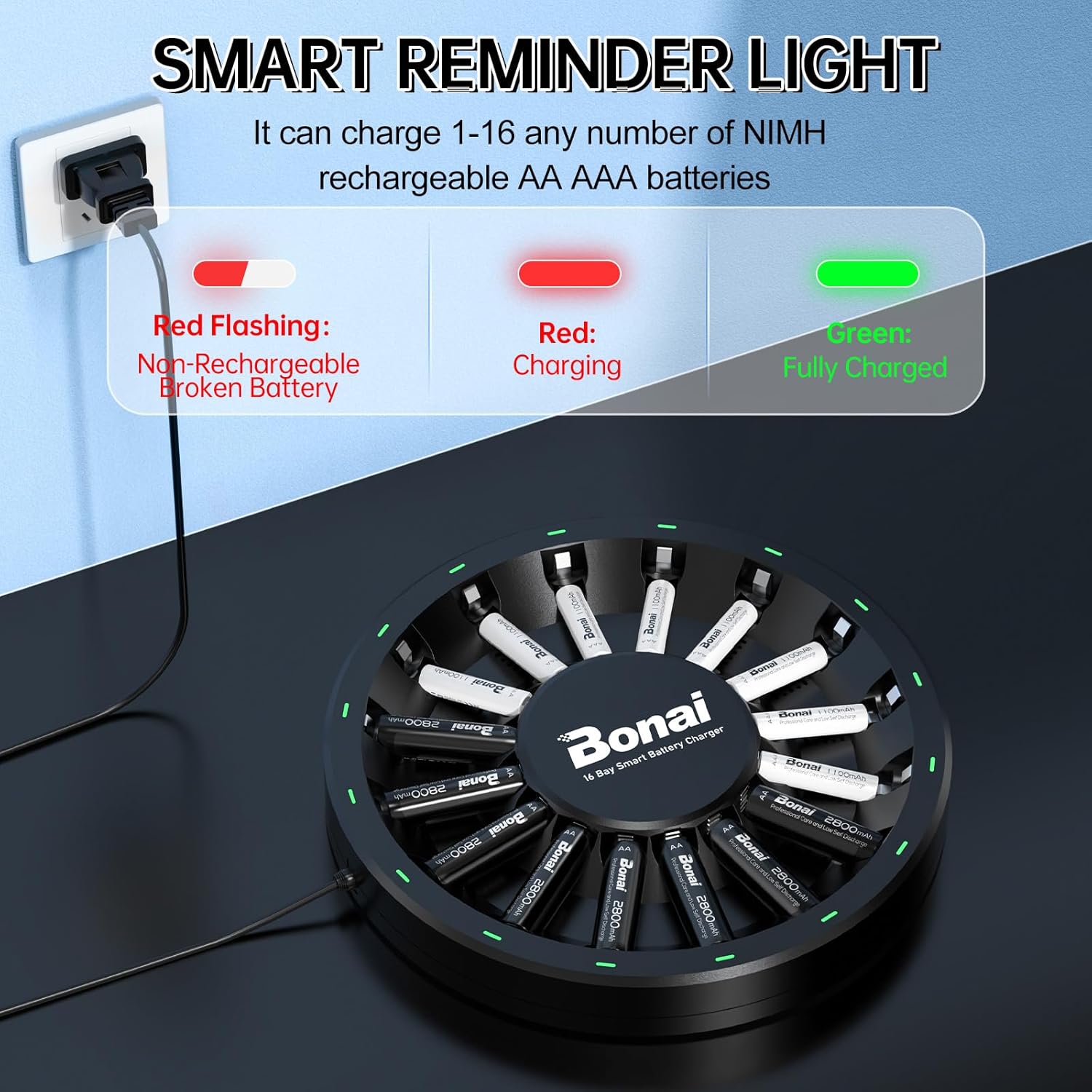 BONAI Rechargeable AA Batteries 8 Pack and Rechargeable AAA Batteries 8 Pack with 16 Slot Charger Kit, Smart NIMH AA AAA Charger Intelligent Detection
