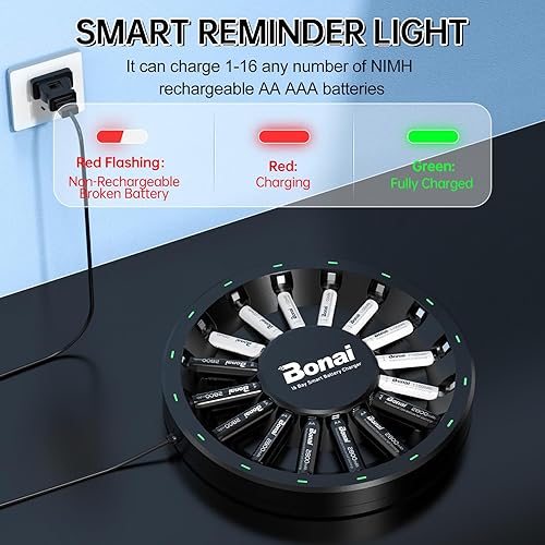 Miniatura 5 de BONAI Paquete de 8 pilas AA recargables y pilas AAA recargables con kit de cargador de 16 ranuras, carga rápida y detección inteligente