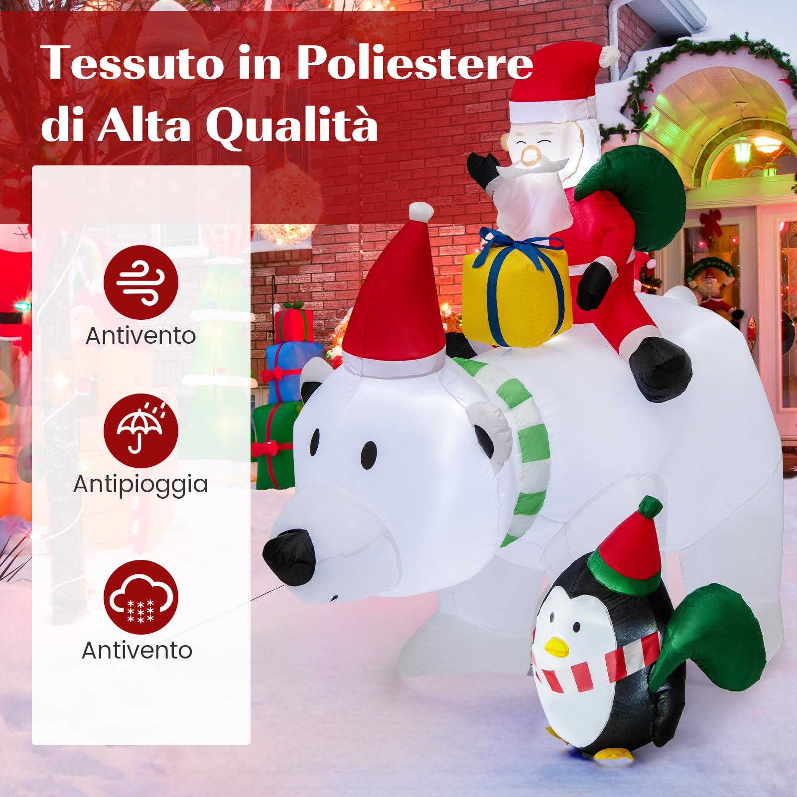 COSTWAY Decorazione Gonfiabile di Natale 210 CM, Babbo Natale Gonfiabile che Cavalca Orso Con Illuminata a LED, Funzione di Scuotimento della Testa, per Prato, Giardino e Cortile