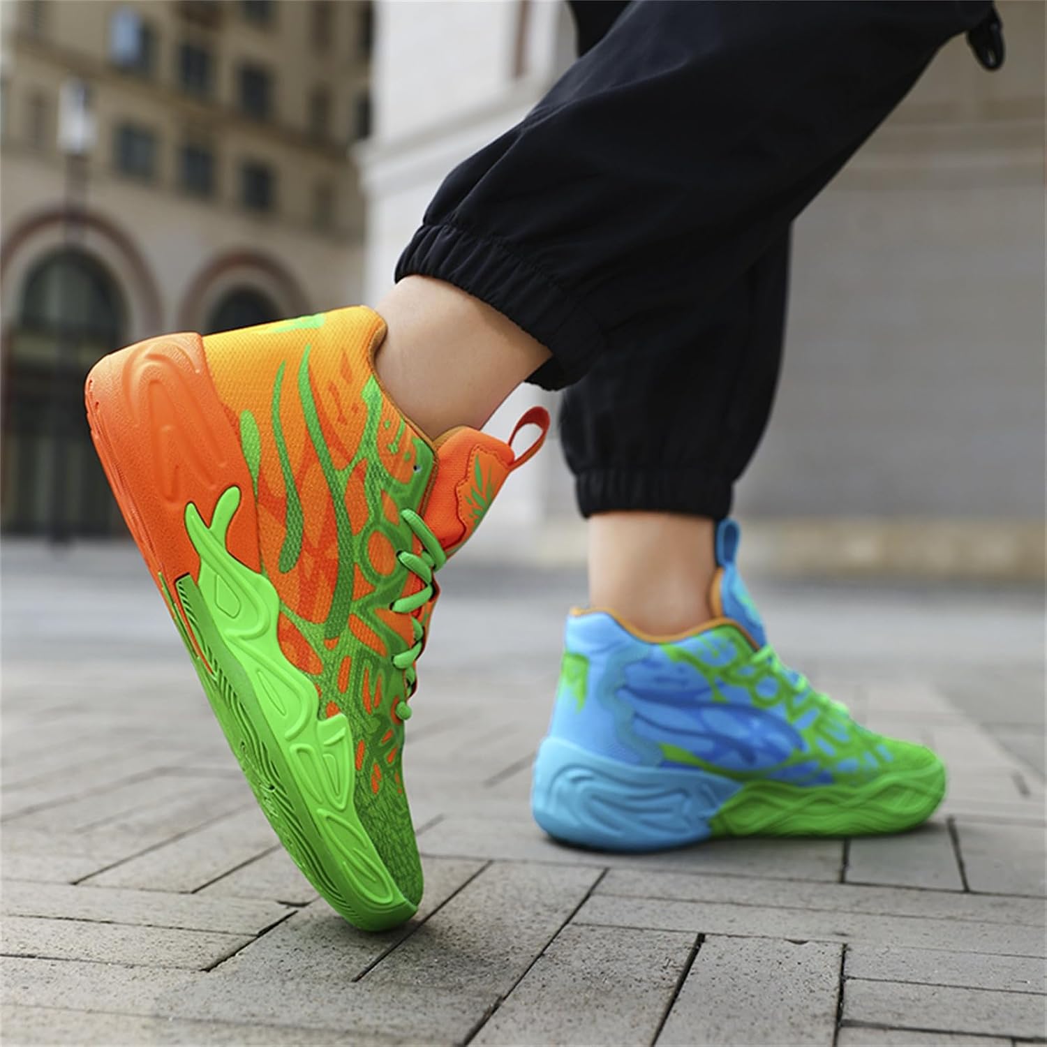 Men's Multicolour High Top Lace Up Breathable Mesh Upper Basketball Shoes with Vibrant Fluorescent Gradient Design Comfort for Basketball Training Court Games Tennis Volleyball Athletic Activities image 2