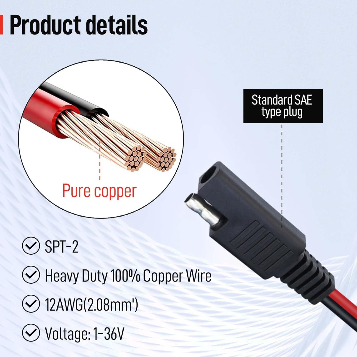 8-Pack 1 Foot 2-Pin 12AWG SAE Quick Connector Extension Cable, 12V SAE Connector Disconnect Power Plug, Single Plug Power Wire for Solar Panels, Motorcycle, Vehicle, Tractor Battery
