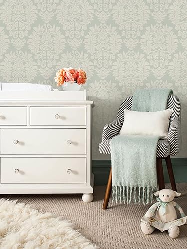 Miniatura 2 de Simple Shapes Papel tapiz clásico de damasco, despegar y pegar (hoja individual de 2 x 5 pies, verde salvia)