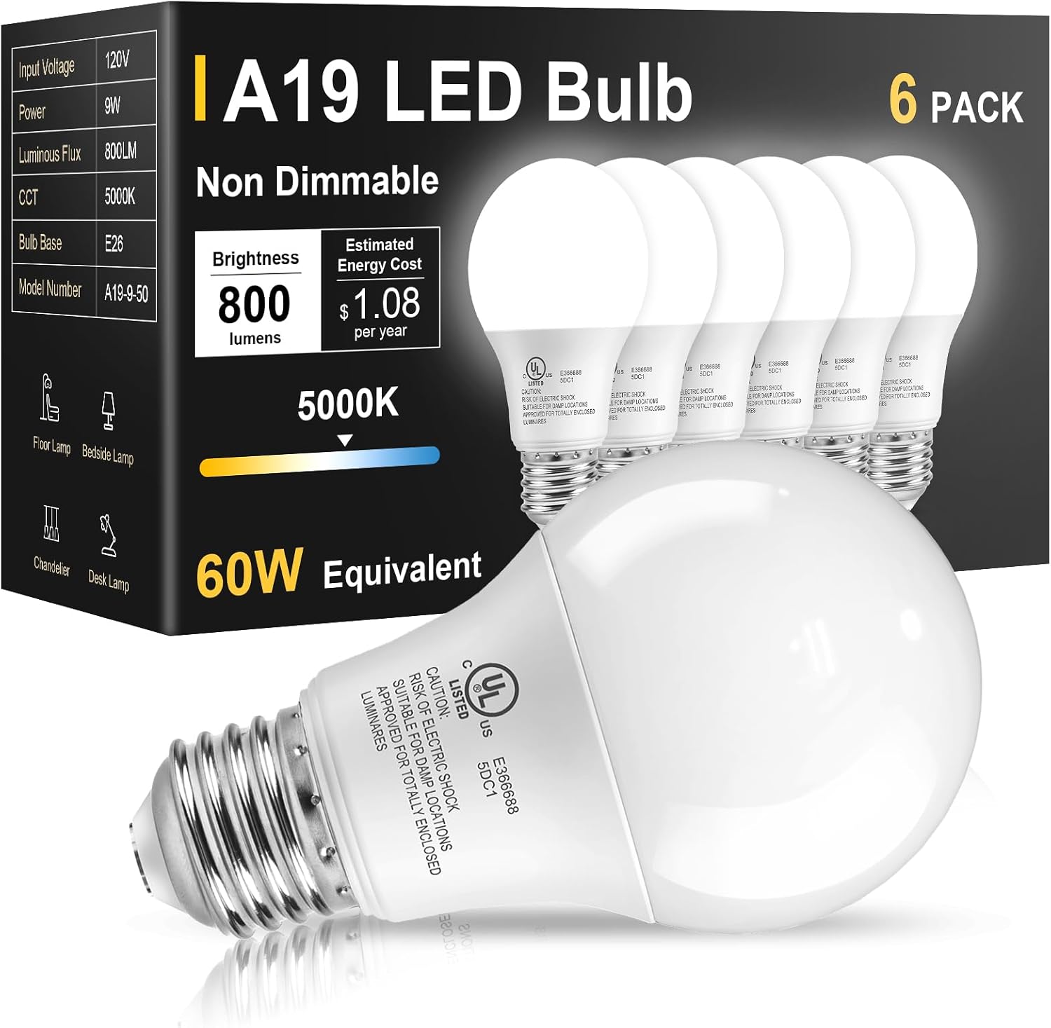 TJOY 6 Pack LED Light Bulbs 60 Watt Equivalent, Daylight White 5000K A19, Efficient 9W, E26 Standard Base, 800 LM Energy Saving Lightbulbs for Home Bedroom Living Room Office, Non-Dimmable, UL Listed