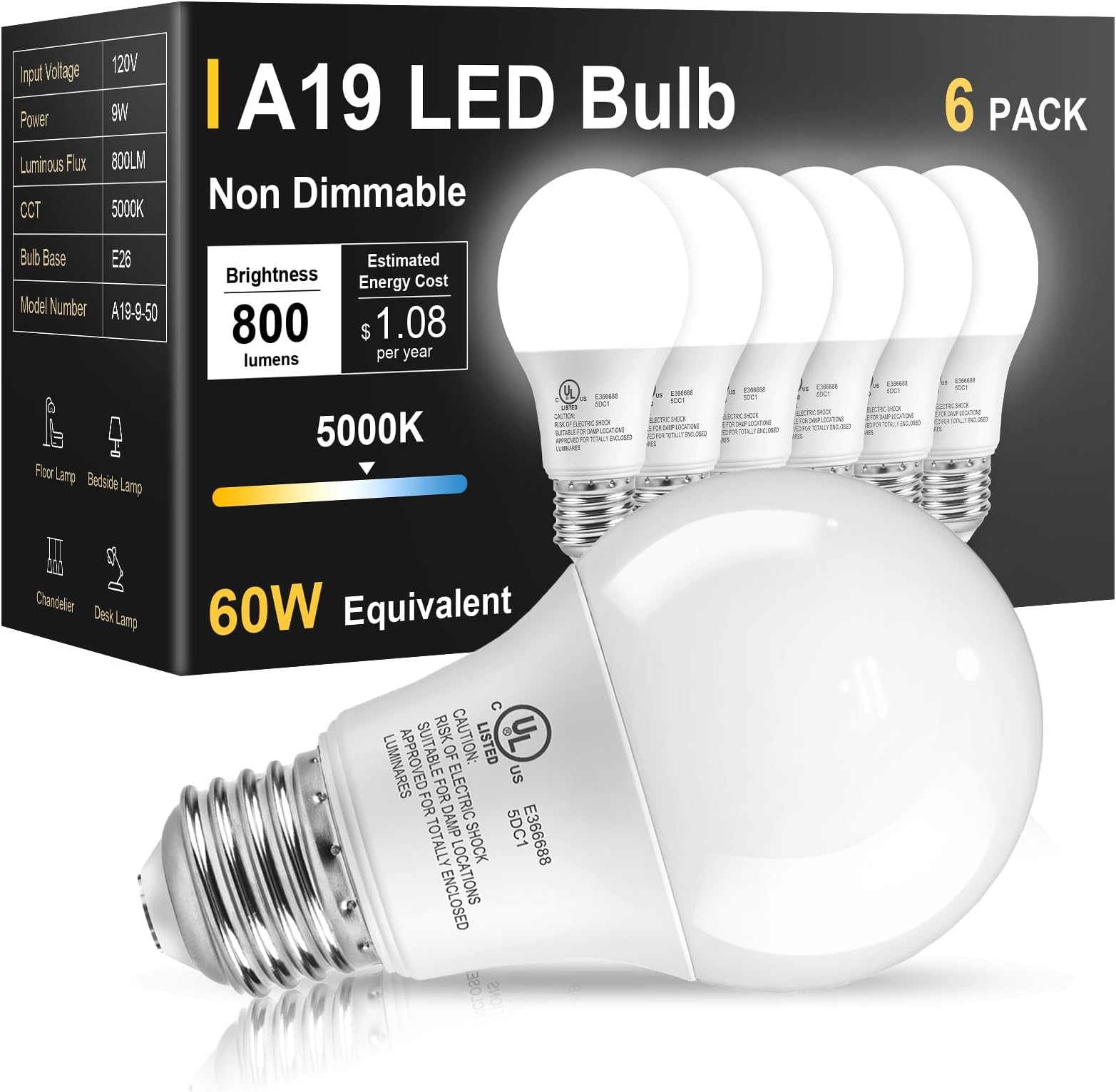 6 Pack LED Light Bulbs 60 Watt Equivalent, Daylight White 5000K A19, Efficient 9W, E26 Standard Base, 800 LM Energy Saving Lightbulbs for Home Bedroom Living Room Office, Non-Dimmable, UL Listed