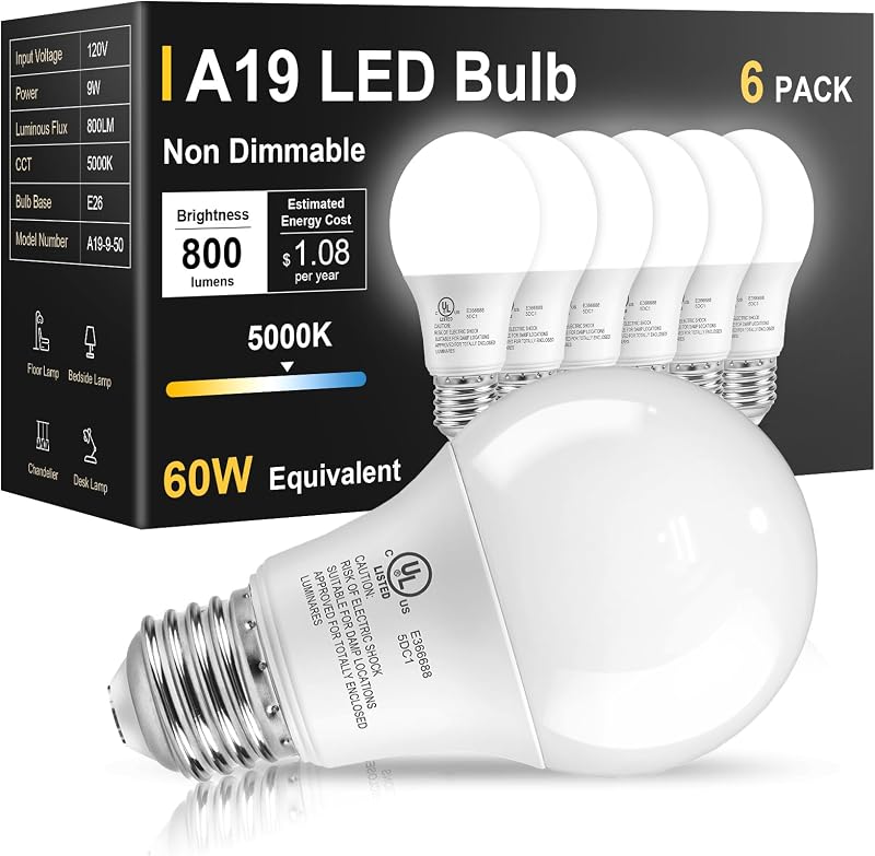 TJOY 6 Pack LED Light Bulbs 60 Watt Equivalent, Daylight White 5000K A19 | Efficient 9W, E26 Standard Base, 800 LM Energy Saving Lightbulbs for Home Bedroom Living Room Office, Non-Dimmable, UL Listed