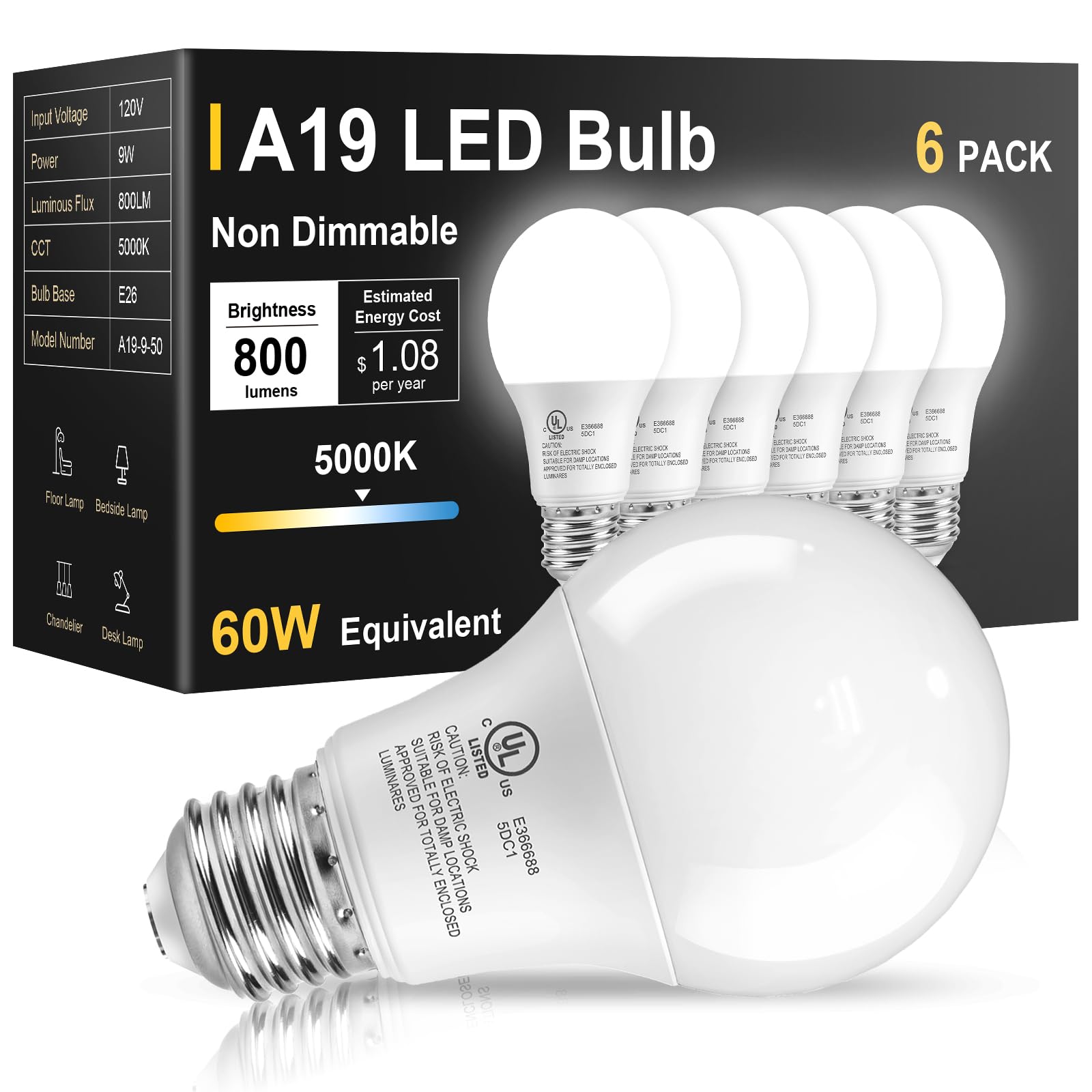 TJOY 6 Pack LED Light Bulbs 60 Watt Equivalent, Daylight White 5000K A19 | Efficient 9W, E26 Standard Base, 800 LM Energy Saving Lightbulbs for Home Bedroom Living Room Office, Non-Dimmable, UL Listed