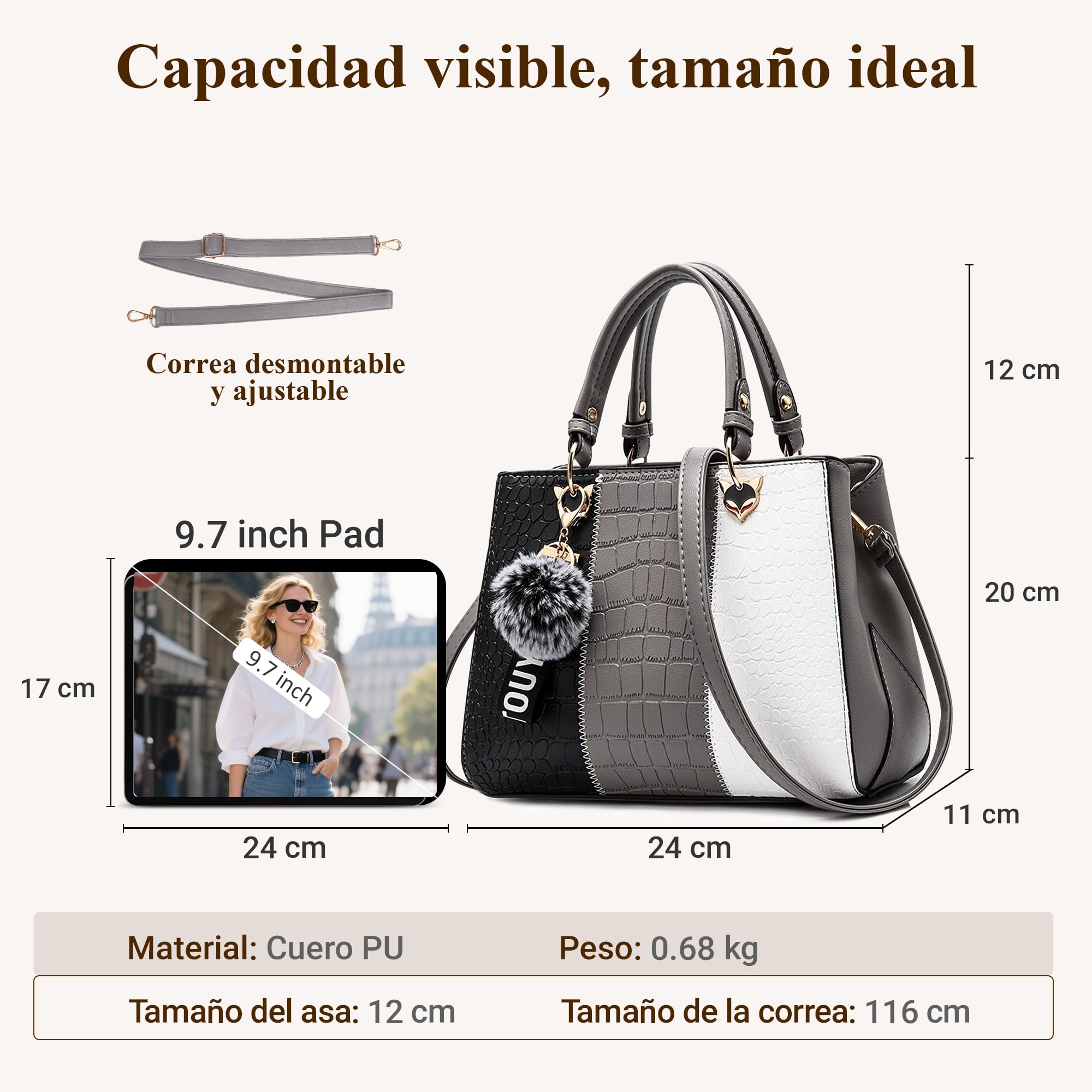 DIRRONA Bolso de Mano Mujer – Bolso en Piel PU con Diseño Color Block Tricolor y Colgante de Pompon, Tote de Hombro y Bandolera para Trabajo, Viajes y Uso Diario Gris Moderno