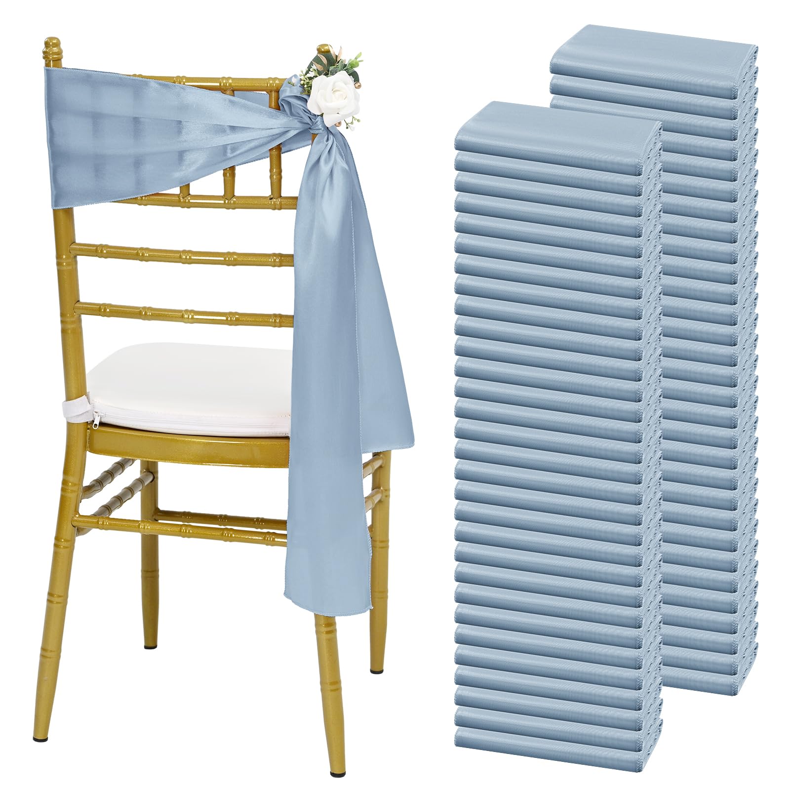 Lot de 100 rubans de chaise en satin pour mariage, réception, fête, hôtel, maison, cuisine, bleu poudré - 198,1 cm