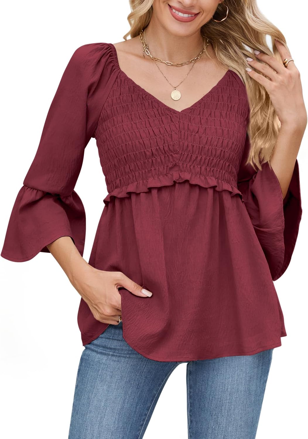 Womens Ruffle 3/4 Sleeve Babydoll Tops V Neck Peplum Blouse Smocked Loose Fit Tunic Top Bell Sleeve Dressy Tee Shirts