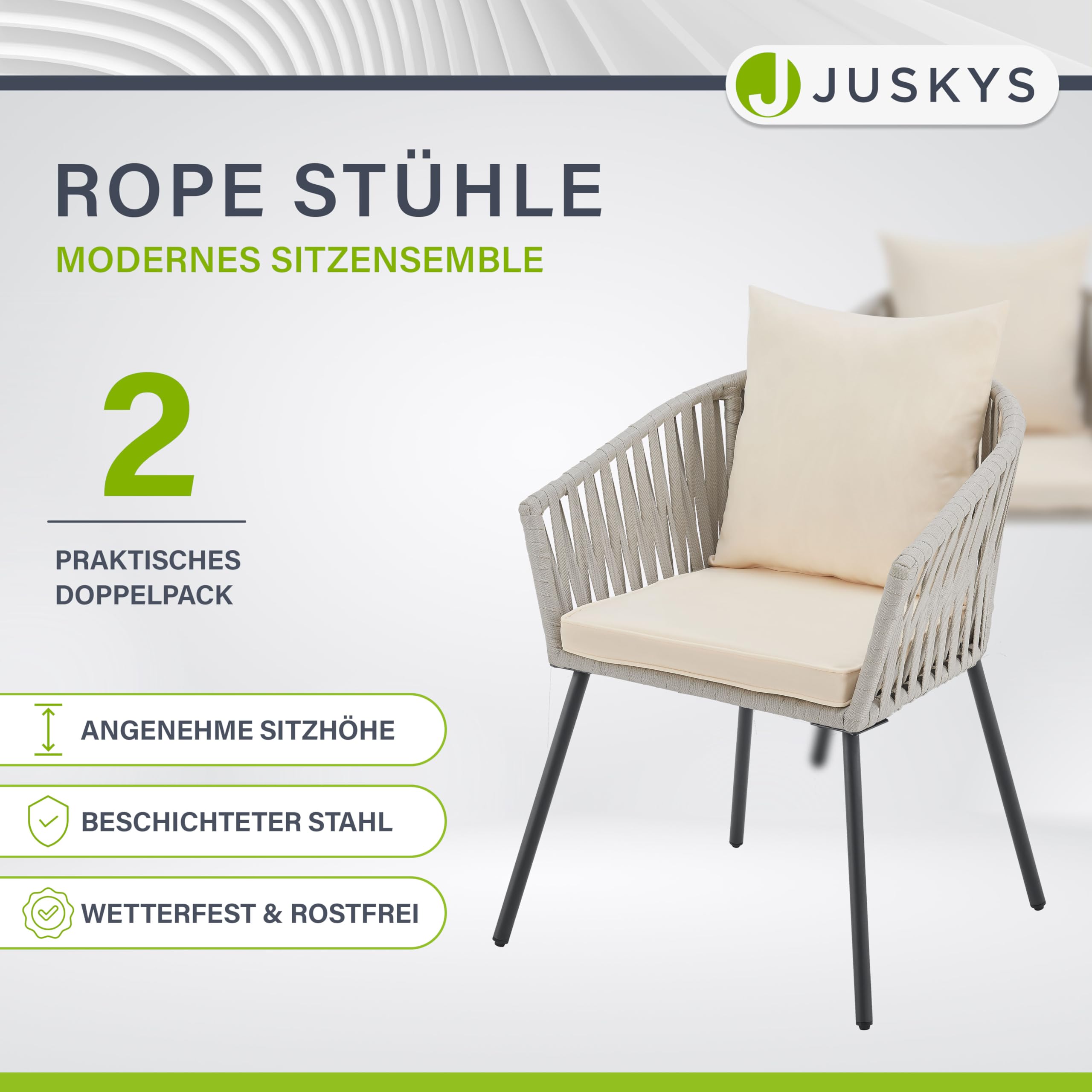 Juskys Rope Gartenstühle 2er Set wetterfest - bis 160 kg belastbar - Sitz- & Rückenkissen aus Polyester - 2 Stühle aus Stahl & Polypropylen für Garten, Terrasse & Balkon - Hellgrau
