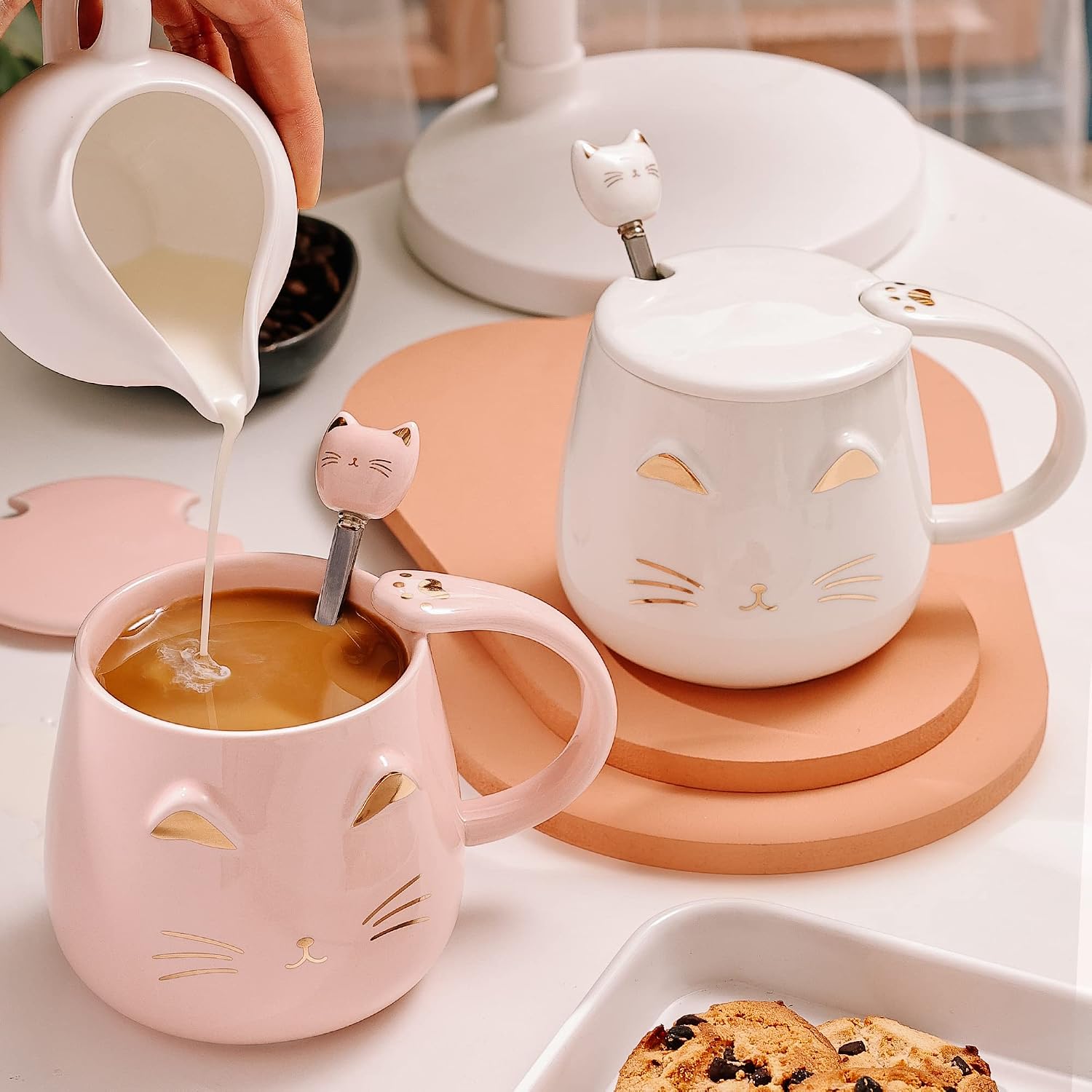 DONGSHANGIFT Cat Mugs Set of 2 Cute Cat Tea Cup Set Ceramic Coffee Mug with Lid and Spoon Cute Mugs for Women Girls Cat Lovers 14.25oz/405ml Christmas Birthday Cat Gift Mug (White and Pink) - Image 3
