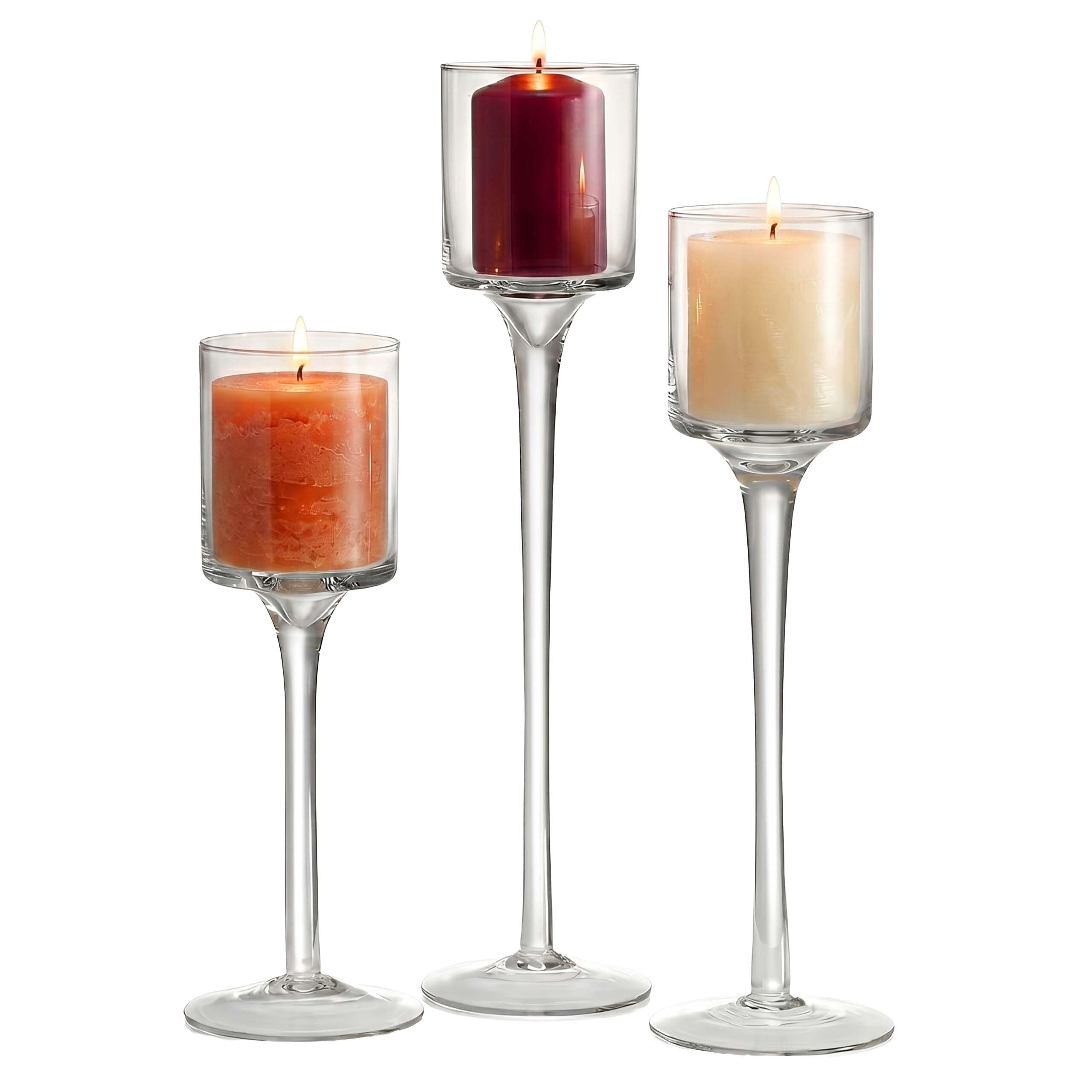 Relaxdays Candle Holders, 3-piece set, glass, 3 sizes, for pillar, tealight & floating candles, transparent