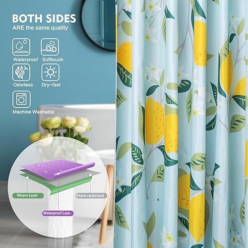 Miniatura 2 de Cortina de ducha de limón amarillo moderno, cortinas de ducha de tela de hojas de plantas para baño, cortina de ducha verde salvia, juego de