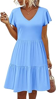 Women's Casual Tiered Dress with Pockets V Neck Ruffle Dress Cap Sleeve Swing Mini Dress A-Line Dresses - Buy now