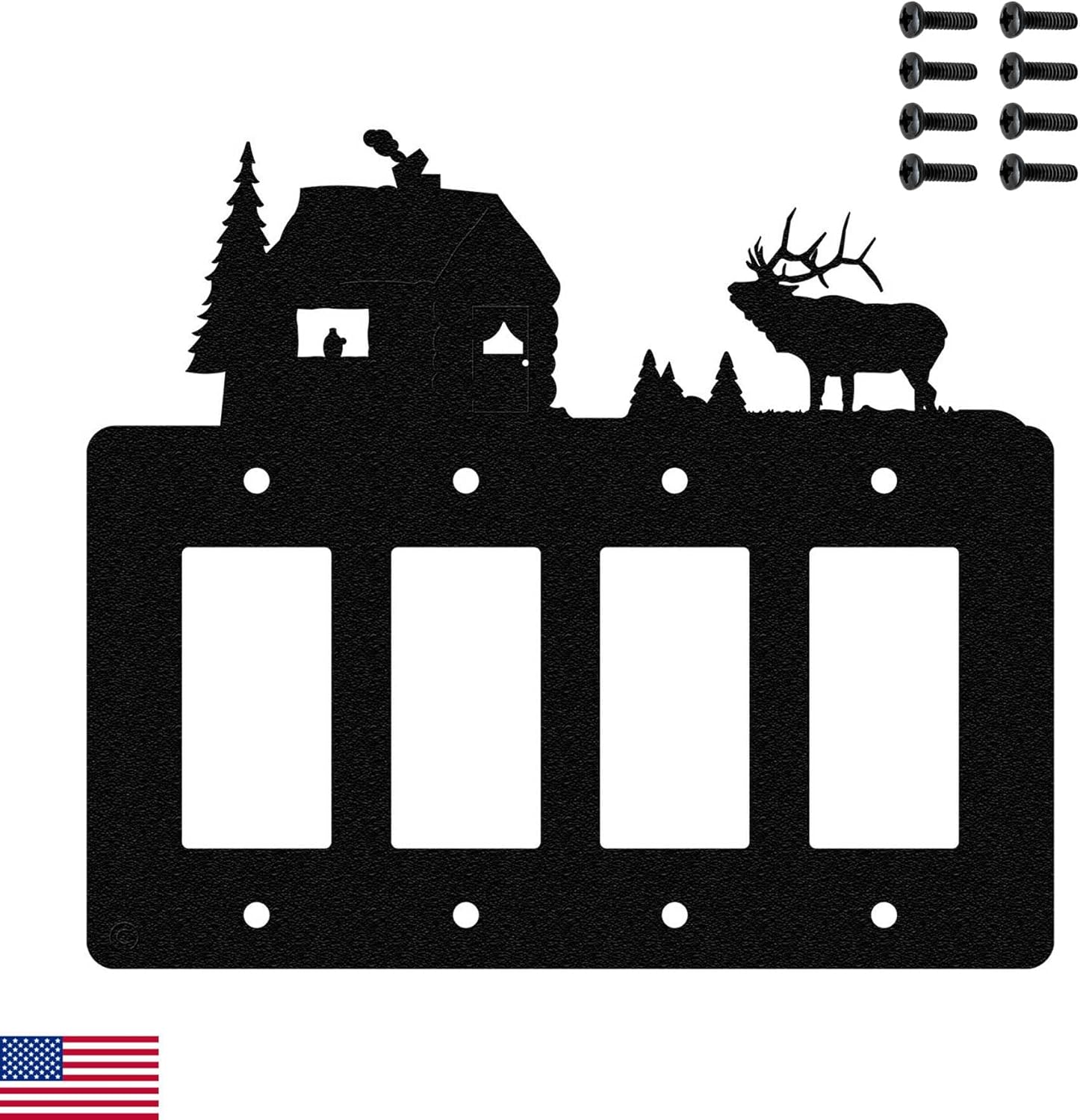 Elk & Cabin Quadruple Gang (Rocker) Light Switch Wall Plate (Quadruple Rocker (GFCI), Black) - MADE IN USA