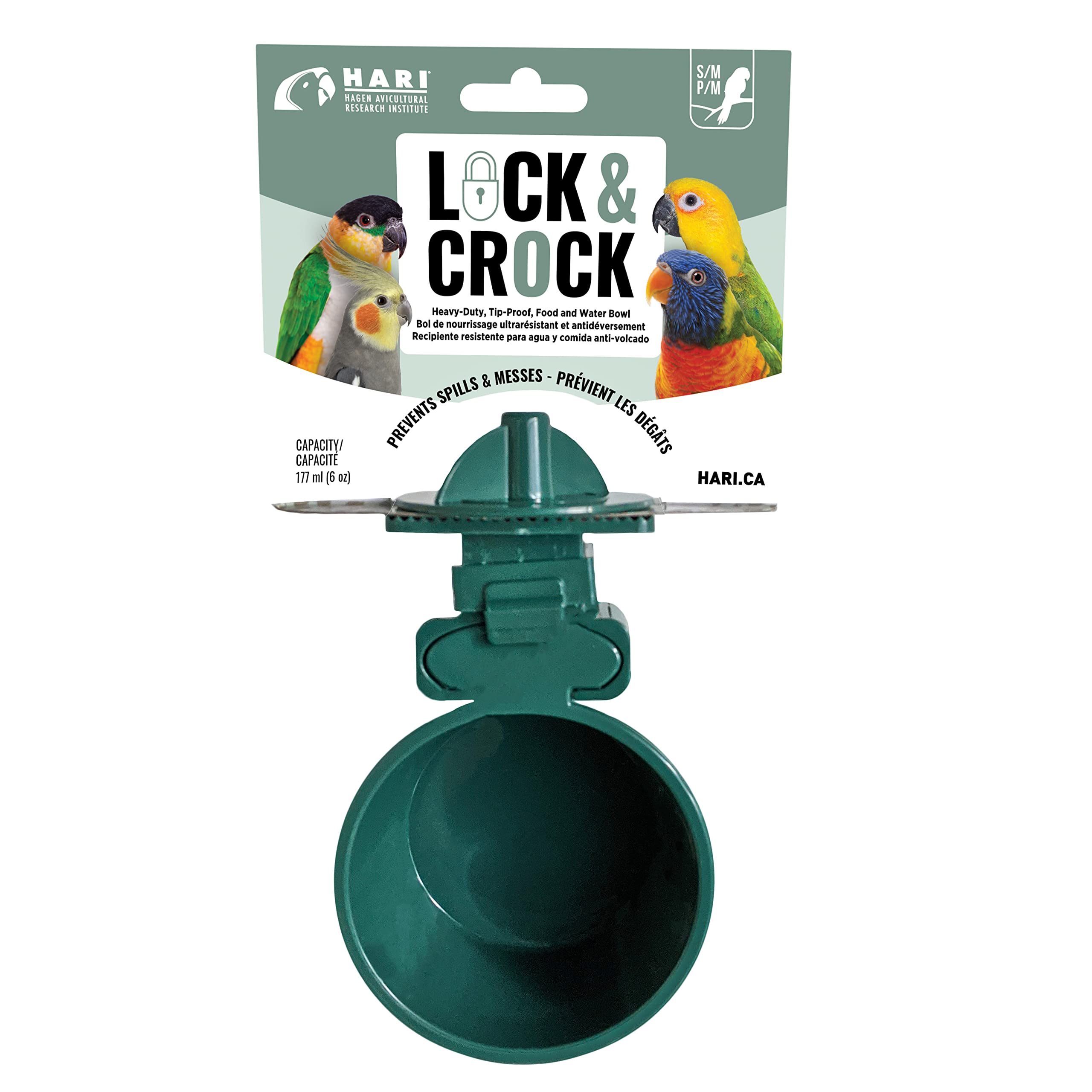 Hari Lock & Crock Cuenco Comedero y Bebedero para Jaula de Pajaros, Verde, 177 ml