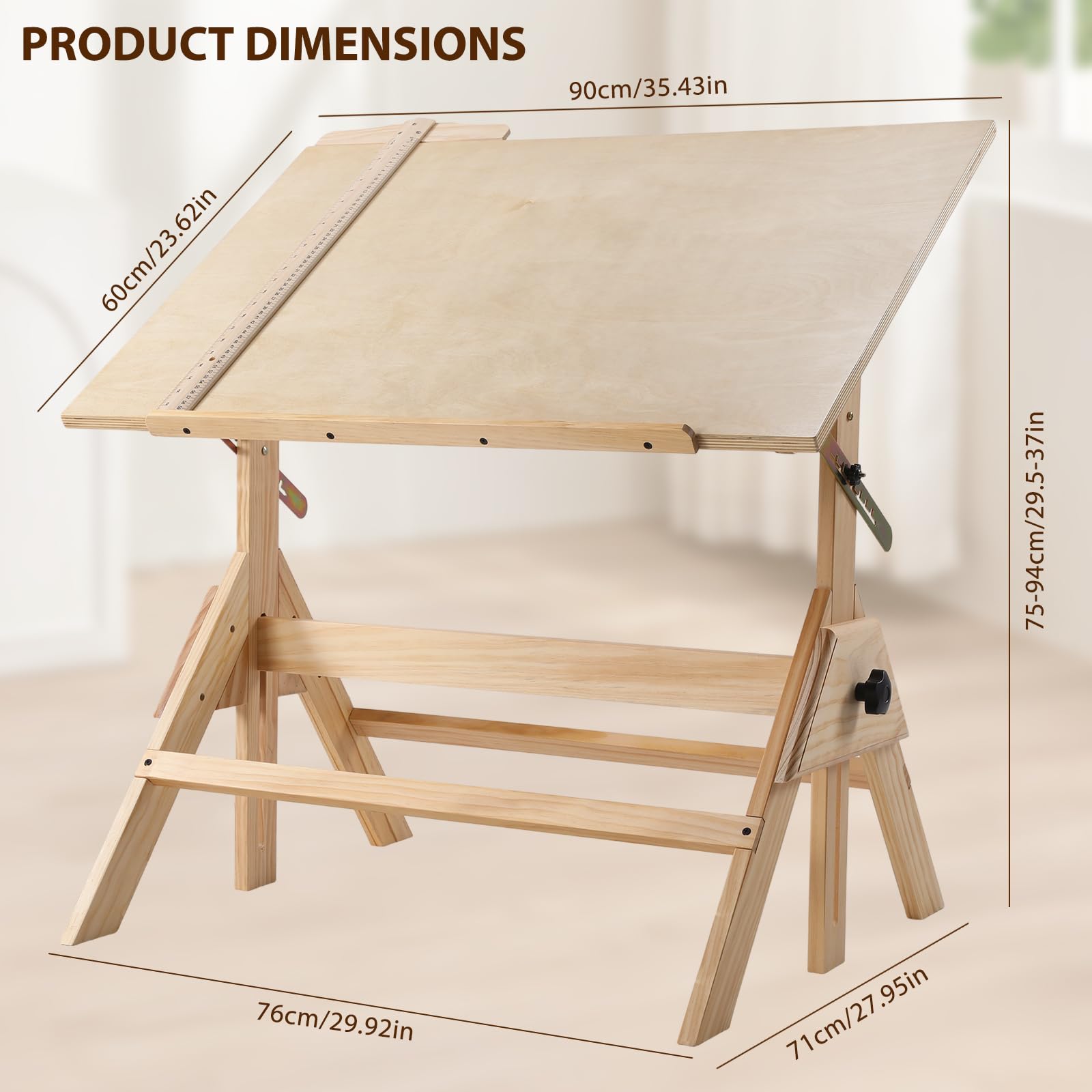 Tavolo da architetto inclinabile in legno, scrivania regolabile in altezza, tavolo da studio 60 x 90 cm per architetti e tecnici