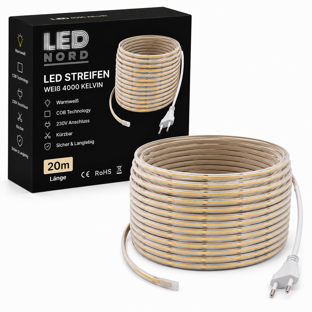 Taśma LED COB 230 V 20 m neutralna biel 4000 K, ściemniana taśma świetlna LED IP67, 10 W/m, do 1100 lm/m, możliwość przycięcia co 12,5 cm, samoprzylepna, do wewnątrz i na zewnątrz