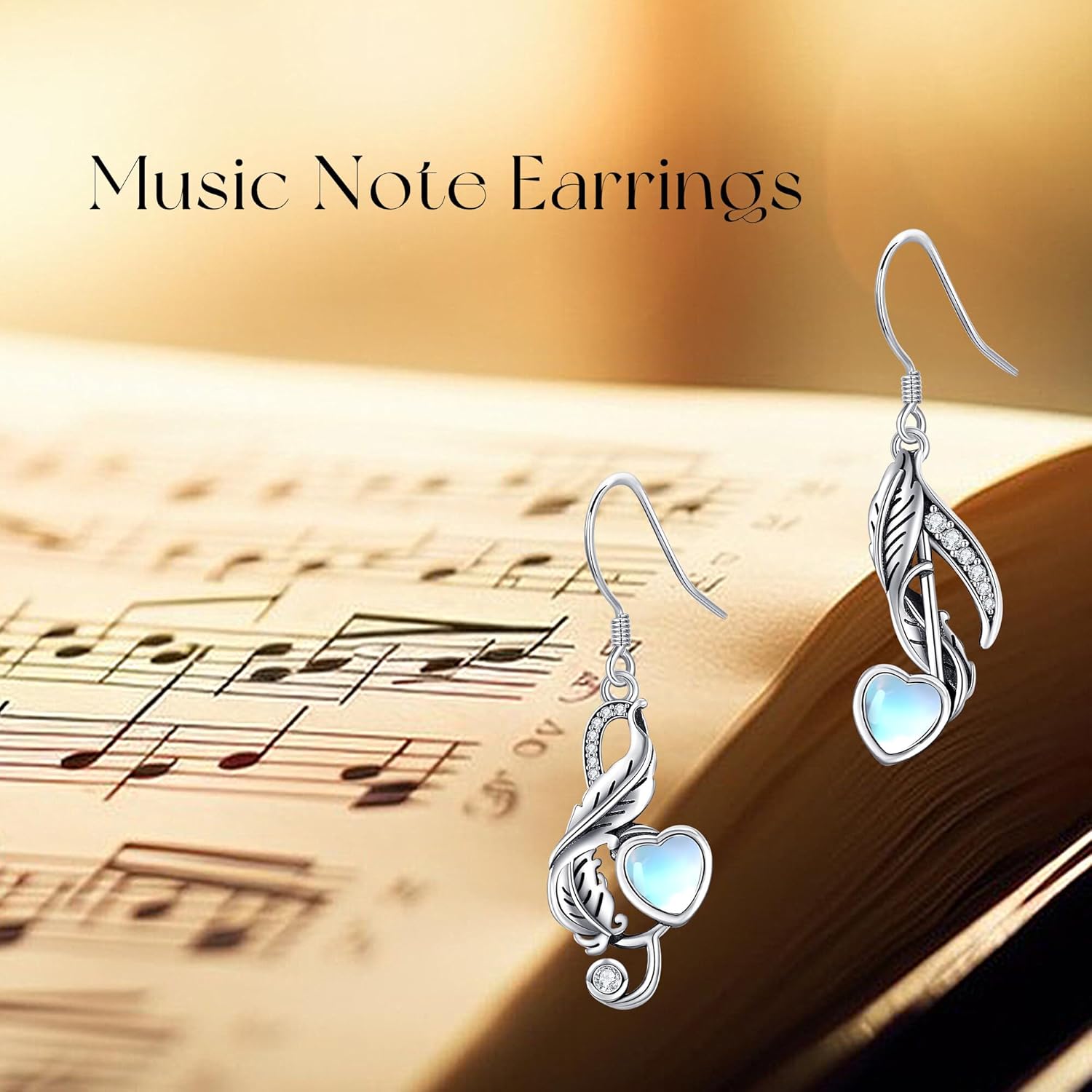 ONEFINITY Music Note Earrings 925 Sterling Silver Feather Moonstone Dangle Drop Earrings Music Jewelry Mothers Gifts for Women Mom Grandma - Image 2