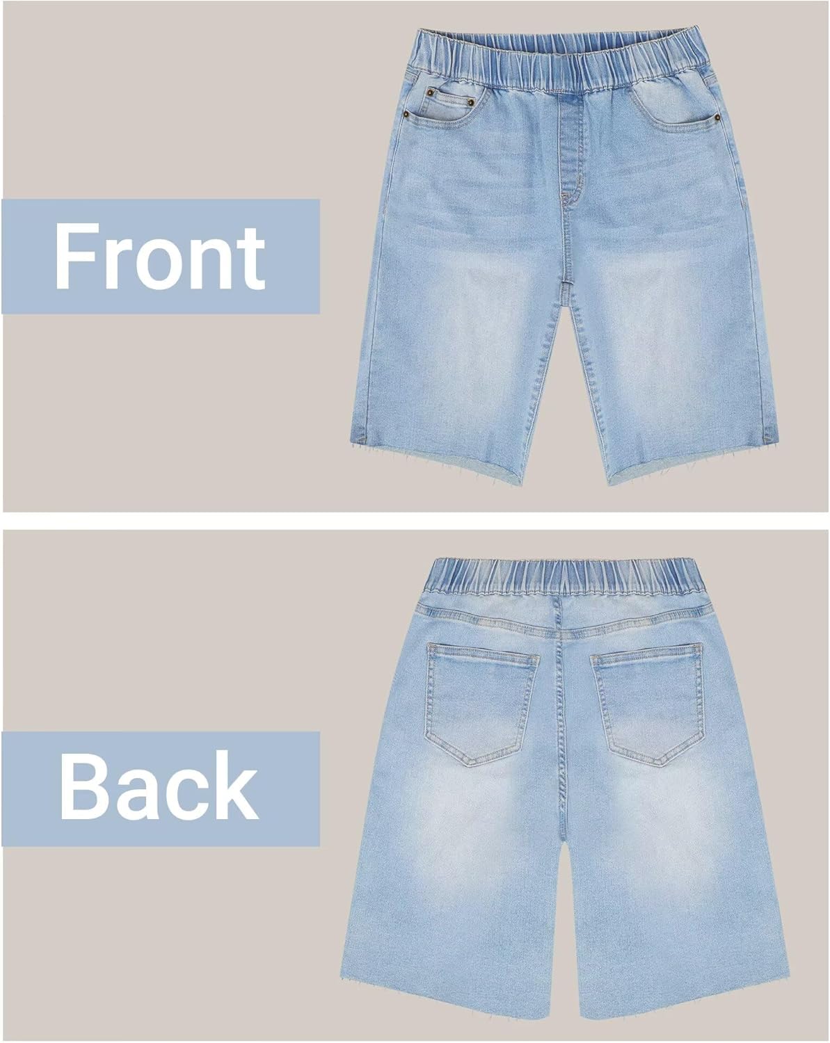 Women's Raw Hem Denim Bermuda Shorts Mid-Rise Long Jorts Baggy Pull On Strechy Jeans Shorts with Elastic Waist - Image 5