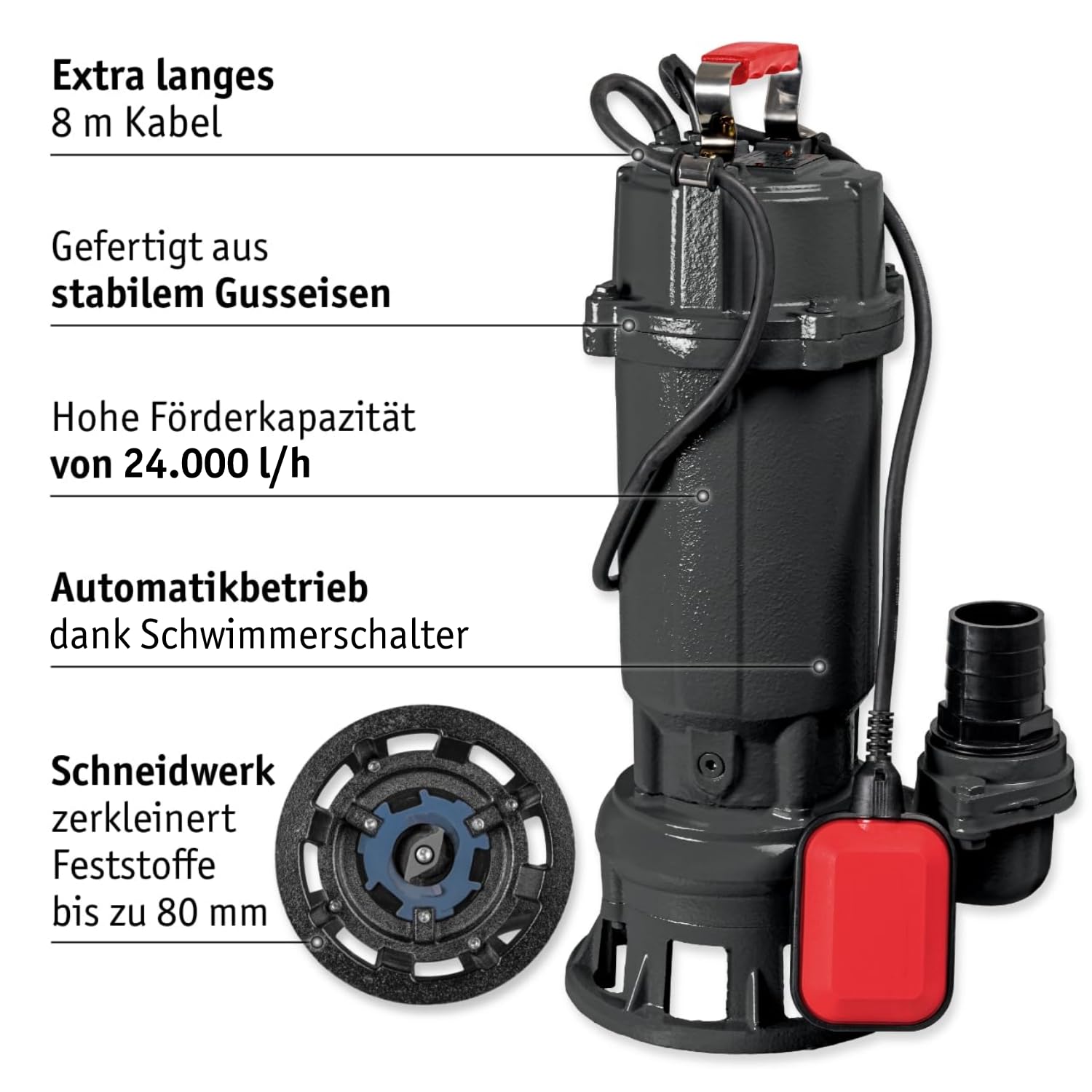 WALTER Schmutzwassertauchpumpe inkl. Schneidwerk, 20m C-Schlauch (1100W, 21.000l/h, Förderhöhe max. 15m, Anschlusskabel 8m, Thermoschutz) Fäkalienpumpe mit Zerkleinerer