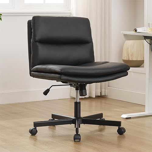 Miniatura 8 de Okeysen Silla cruzada con ruedas, asiento ancho sin brazos, patas cruzadas, cómoda silla de escritorio de oficina, silla de escritorio de piel