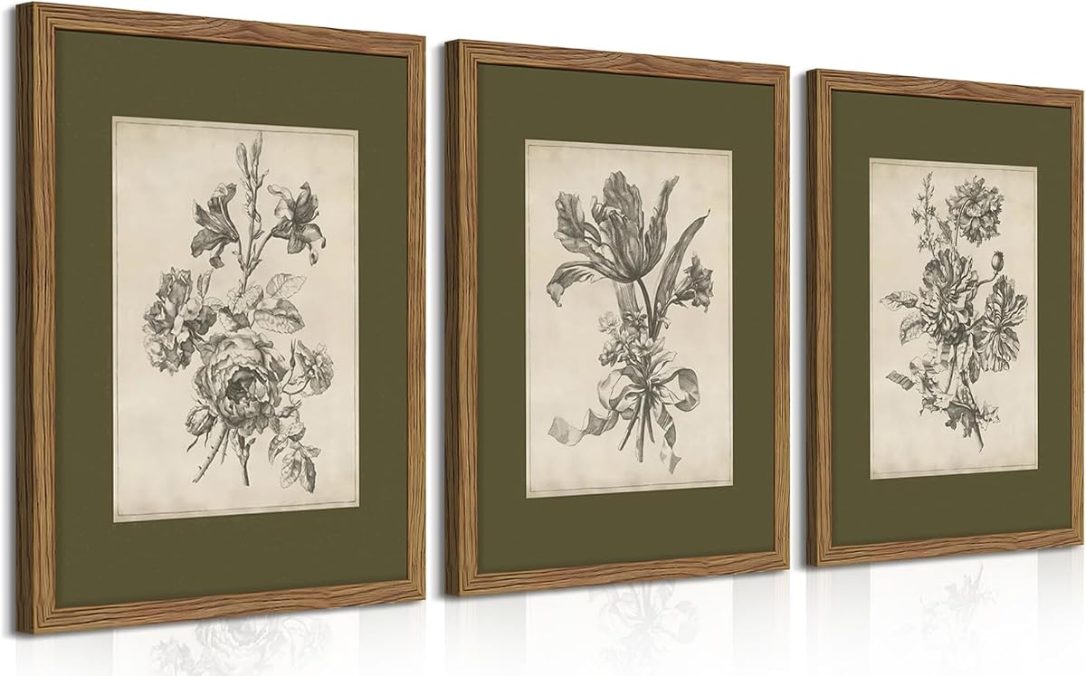Juego de 3 cuadros florales vintage para pared, diseño de bosquejo, color verde salvia, lienzo botánico, decoración de pared, carteles retro minimalistas de flores, impresiones para sala de estar, dormitorio, baño, 12.0 x 16.0 in, enmarcado