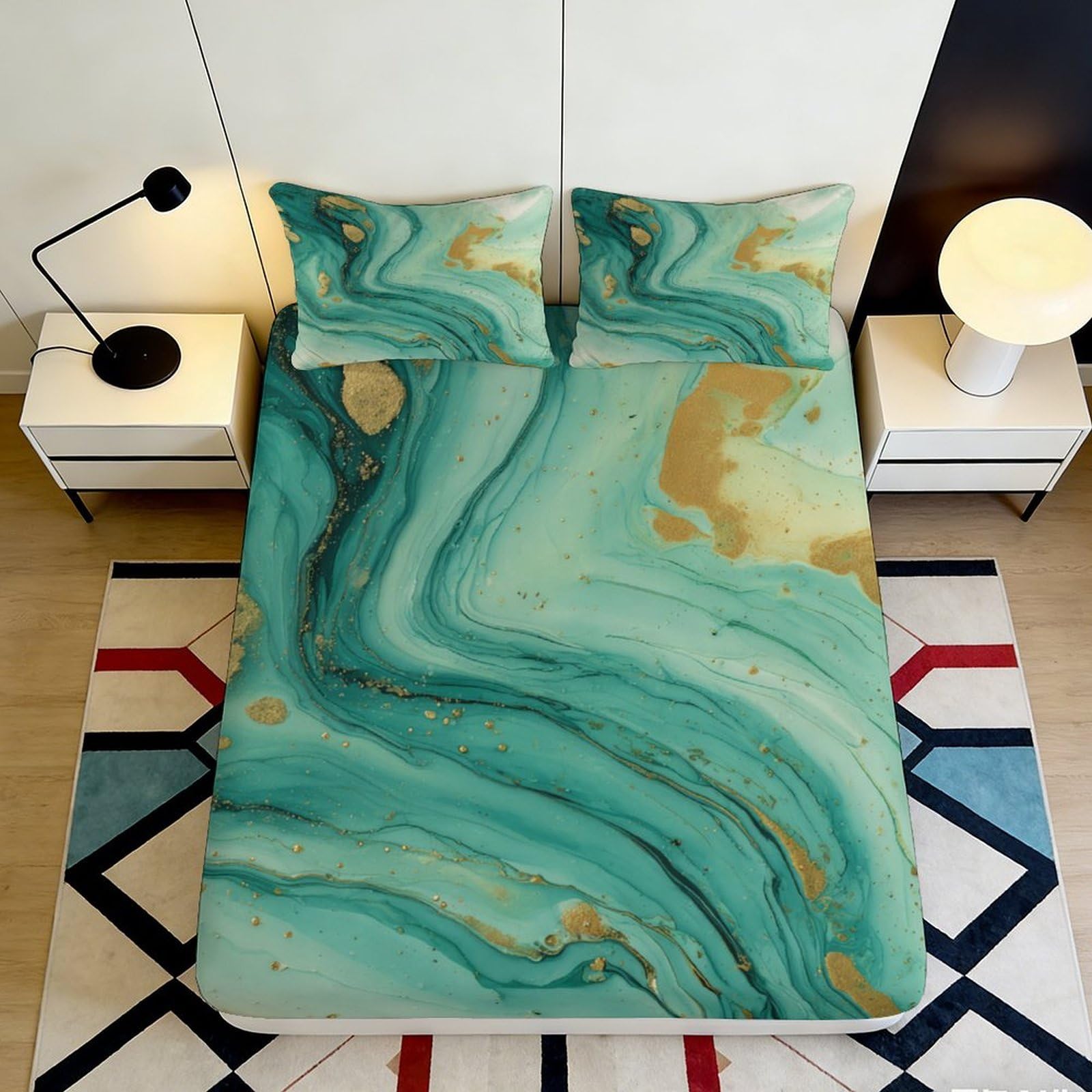 Jqzkxnhpbr Style-6 3D Printed Marble Aqua Fitted Sheet Microfiber Soft Bedroom Decor Gold Swirl Mattress Cover For Home Guest Room 90X200x25cm