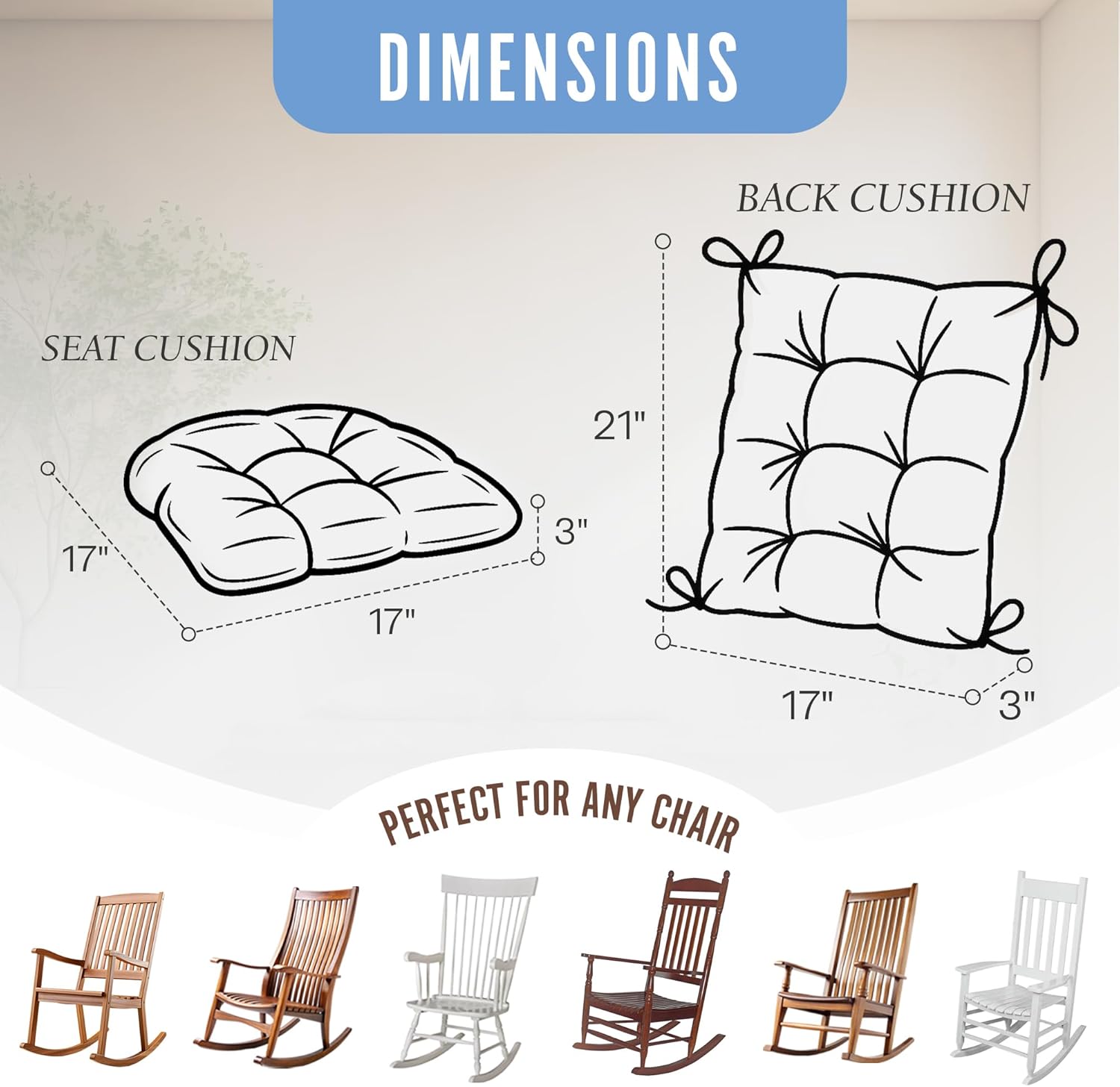 Klear Vu The Gripper Non-Slip Rocking Chair Cushion Set with Thick Padding, Includes Seat Pad & Back Pillow with Ties for Indoor Living Room Rocker, 17x17 Inches, 2 Piece Set, Wedgewood