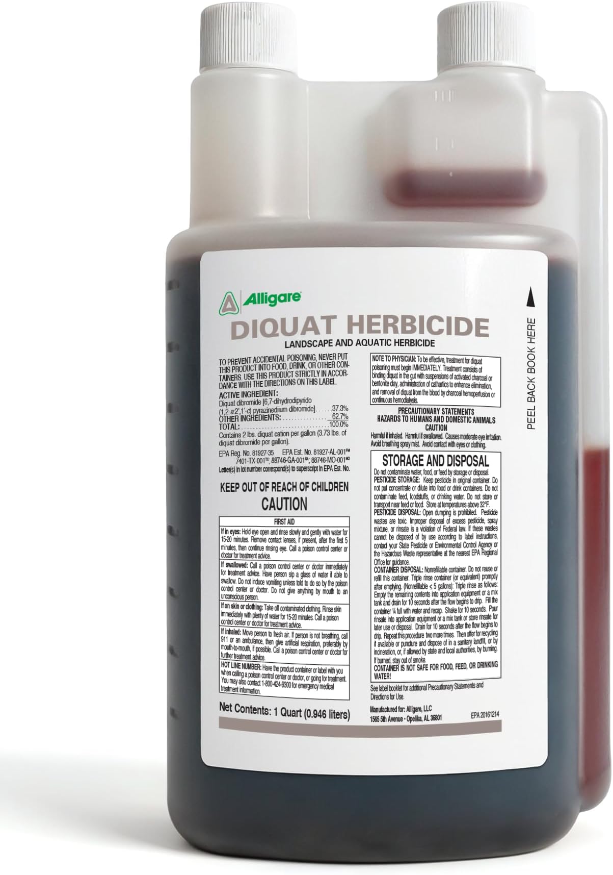 Alligare Diquat Aquatic Herbicide to Control Bluegrass, Duckweed, Hydrilla & More - Glyphosate Alternative, Fast-Acting Non-Selective Liquid Weed Killer for Aquatic & Landscape Use - 1 Quart