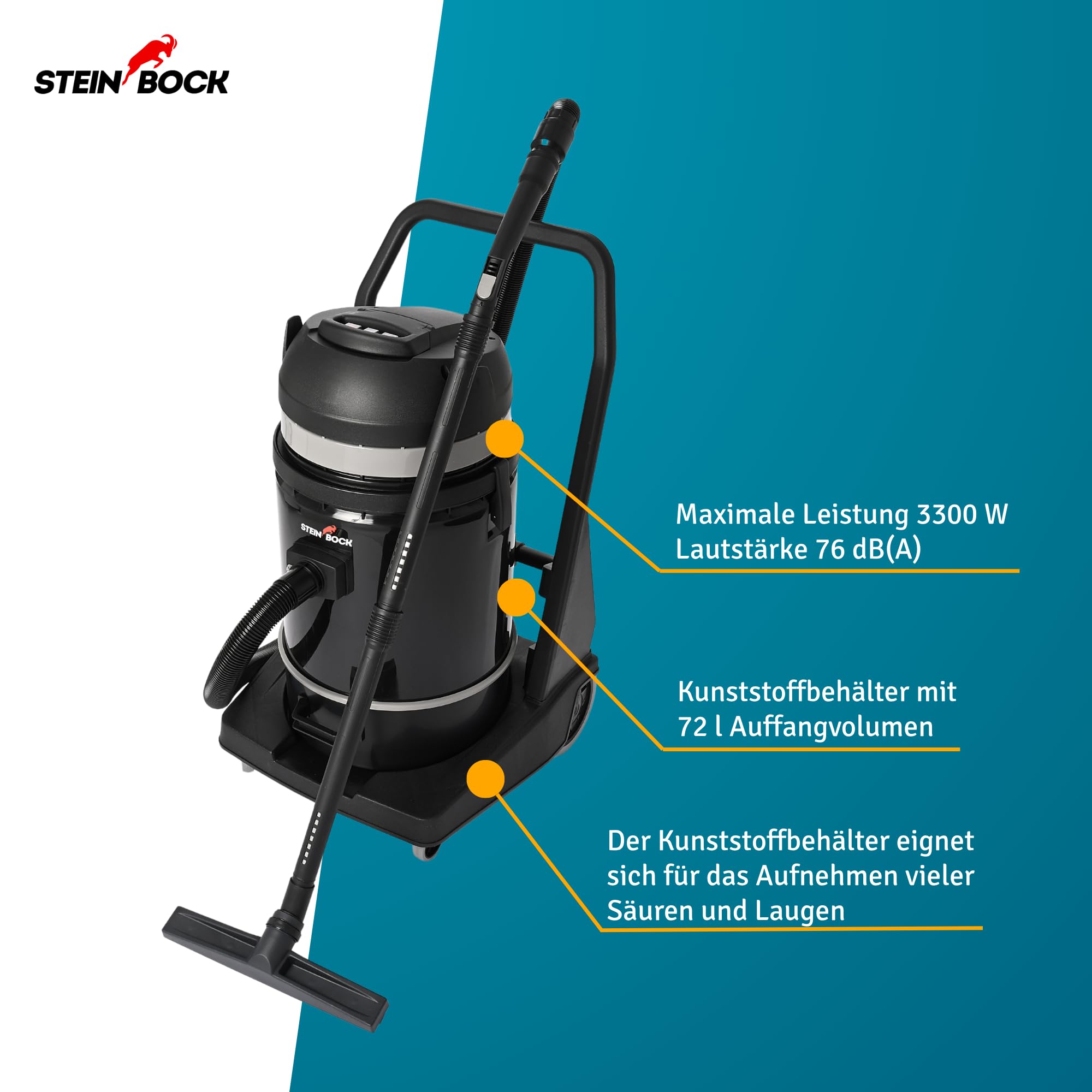Steinbock Industriesauger nass & trocken| 3.300 Watt | 72 l Fassungsvermögen | mit 3 leistungsstarken Motoren | Für Flüssigkeiten, Feinstaub und groben Schmutz |Kippfahrgestell | Kunststofftank