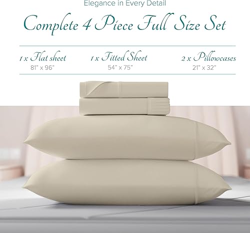 Miniatura 3 de Carressa Linen Sábanas de algodón egipcio de 800 hilos, 4 piezas, color arena, tamaño matrimonial, sábanas refrescantes para personas que duermen