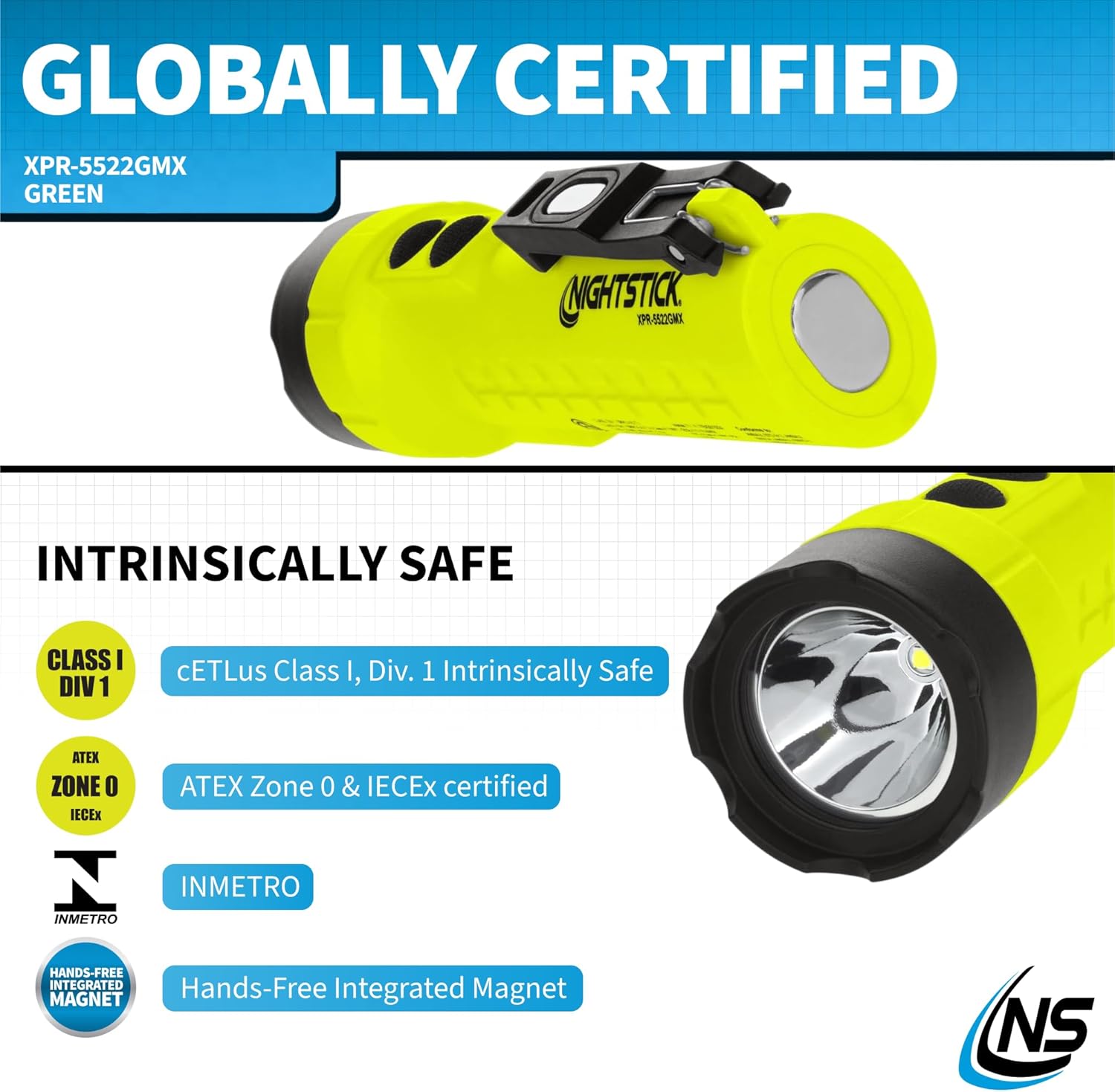 Nightstick XPR-5522GMX Intrinsically Safe Dual-Light Flashlight w/Magnets-Rechargeable-Green-UL913 / ATEX, Multicolor