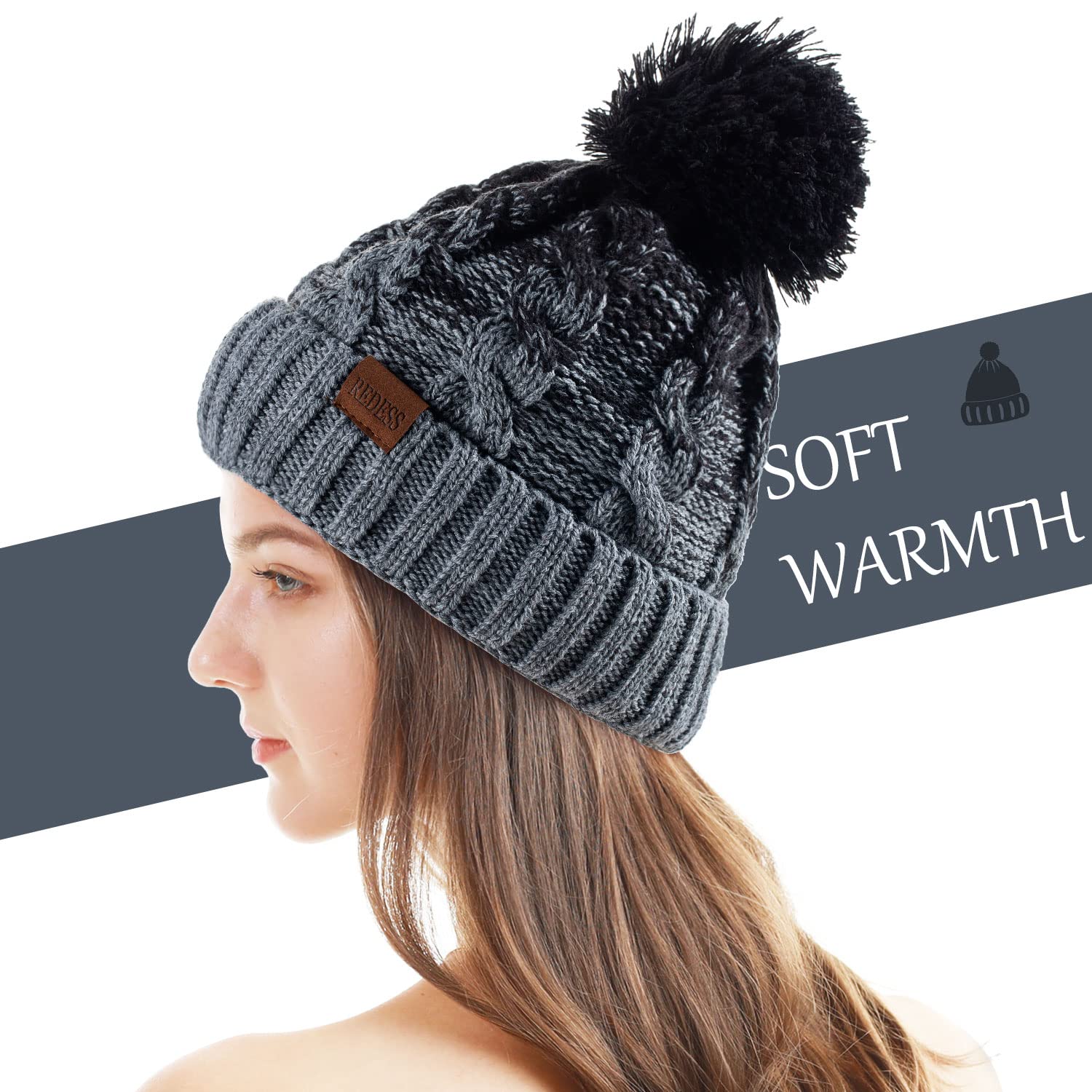 REDESS Cappello Invernale da Donna con Pom Pom Beanie Caldo Foderato in Pile Spesso Slouchy Snow Knit Chunky Baggy Skull Berretto da Sci