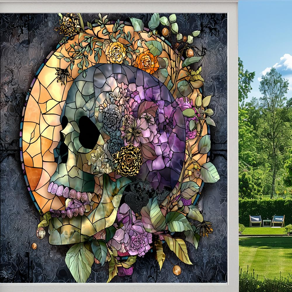 Horror Skull Frosted Window Film, Gothic Flower Skeleton Stained Glass Privacy Film, Heat Insulation Self-Adhesive Vinyl for Bathroom Office,（45x100cm）