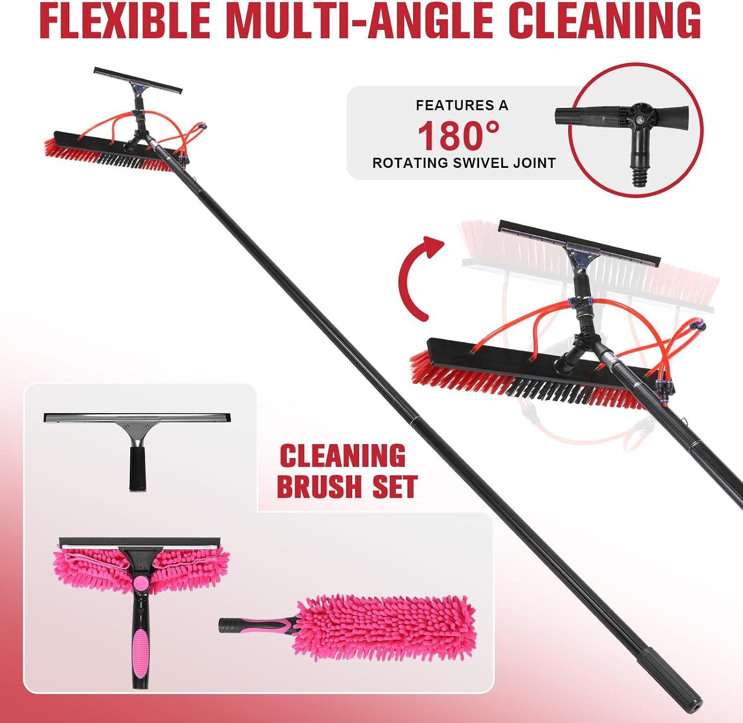 Water Fed Pole Brush Kit Height Adjustable Solar Panel Cleaning Brush Kit with 180° Rotating Brushhead for Solar Panel Roof Car