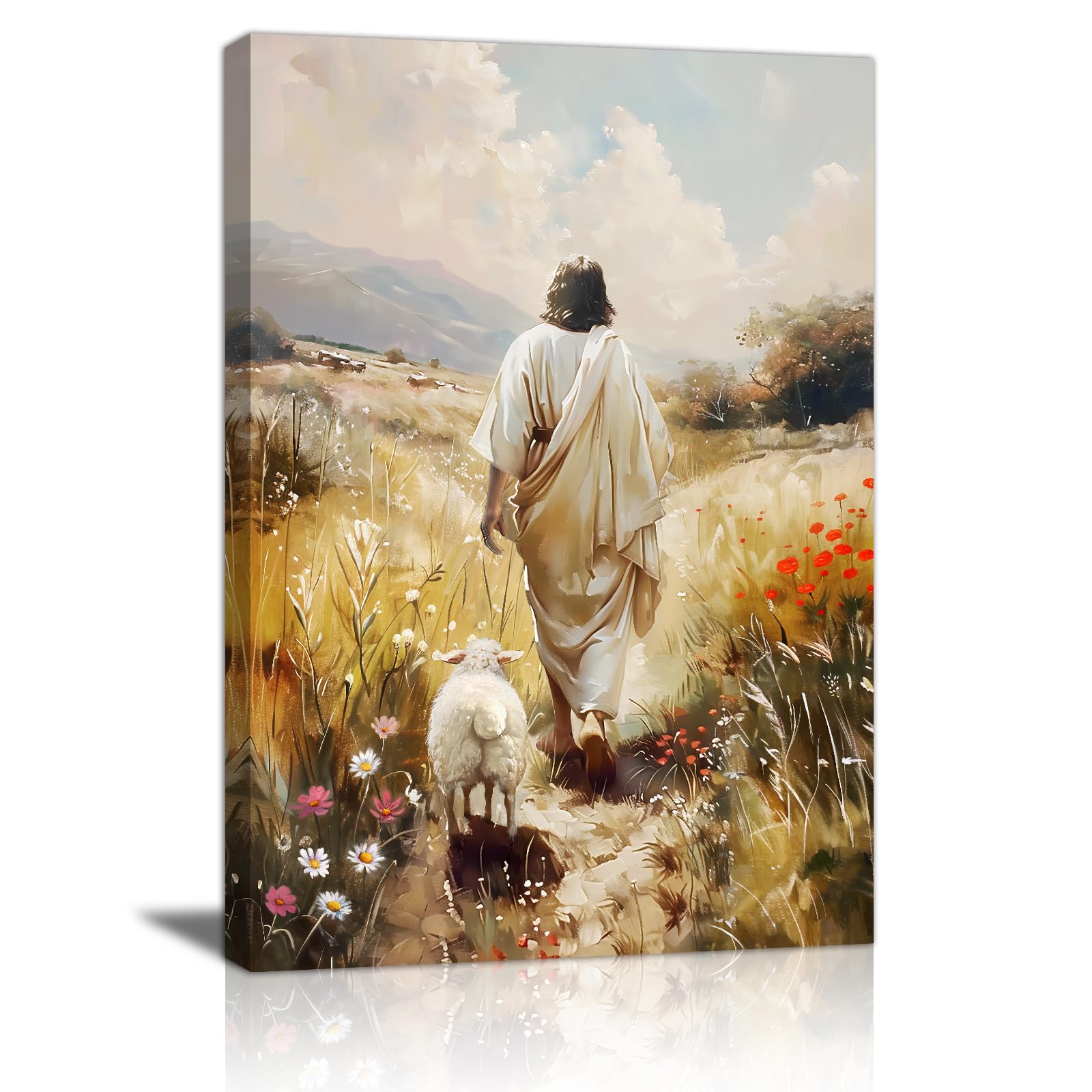 Jesus Leaves the 99 Sheep Canvas Wall Art Prints Framed Jesus and Lamb Wall Painting Christian The Lost Sheep Printed Poster Pictures on Canvas Wall Decor for Living Room Bedroom Church Prayer 40×60cm — image 1