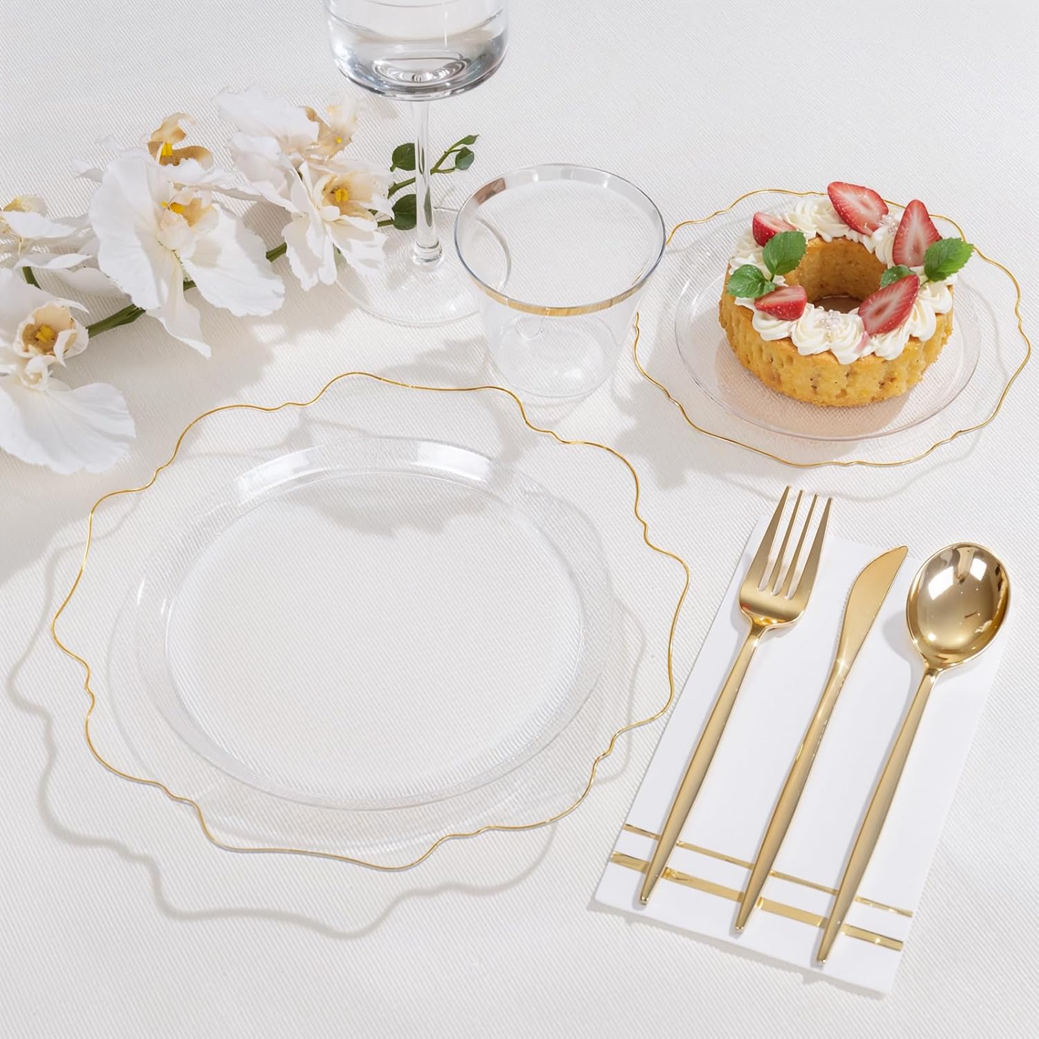 WDF 350Pcs Clear and Gold Plastic Plates - Heavy Duty Clear Plates Disposable - Gold Dinnerware Sets of 100 Plastic Plate 150Silverware 50 Cups 50 Napkins for Wedding Baby Shower Spring