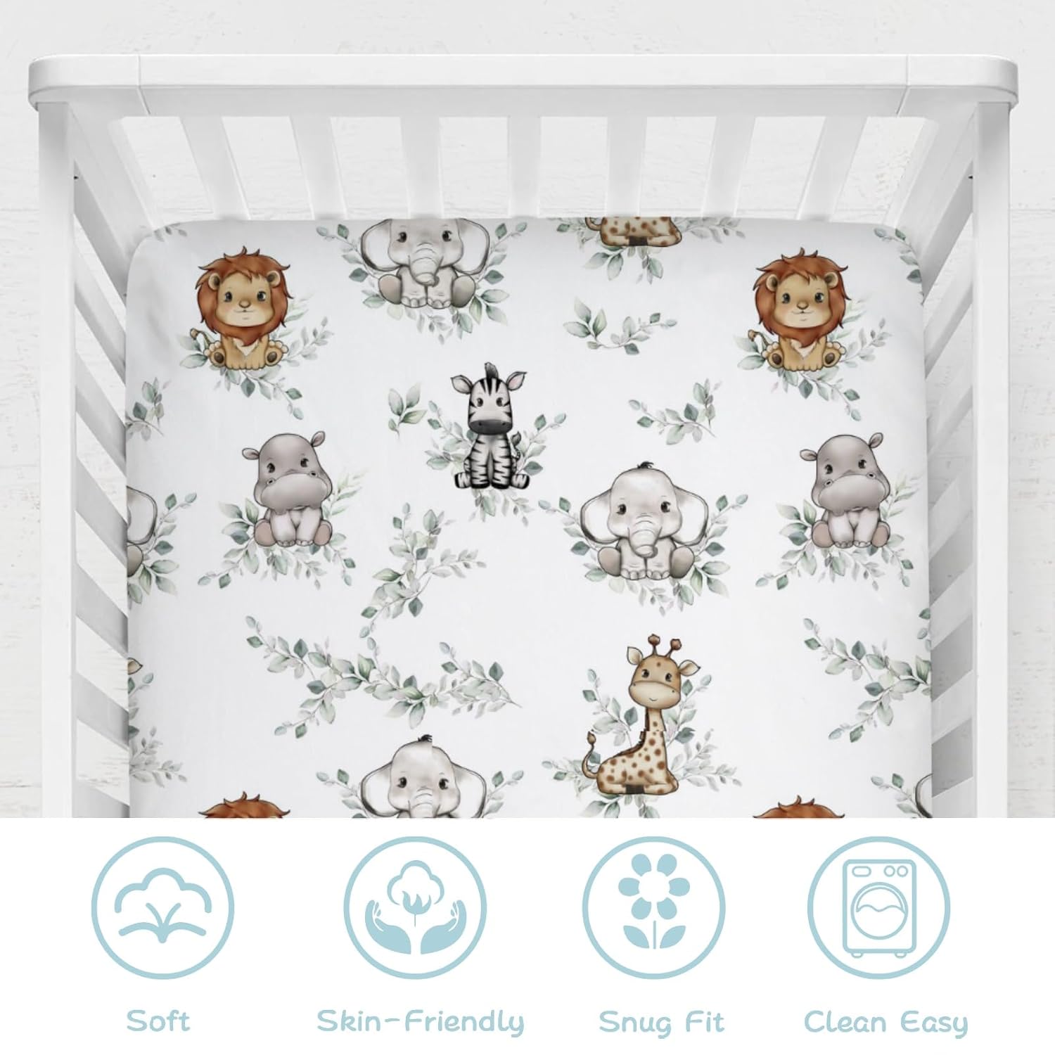 Baby Jungle Safari Animals Boho Leaves Crib Fitted Sheet 52''x28'' Lion Hippo Elephant Giraffe Zebra Snug Fitted Crib Mattress Cover for Boy Girl Nursery Bed Sheets for Standard Toddler Mattress